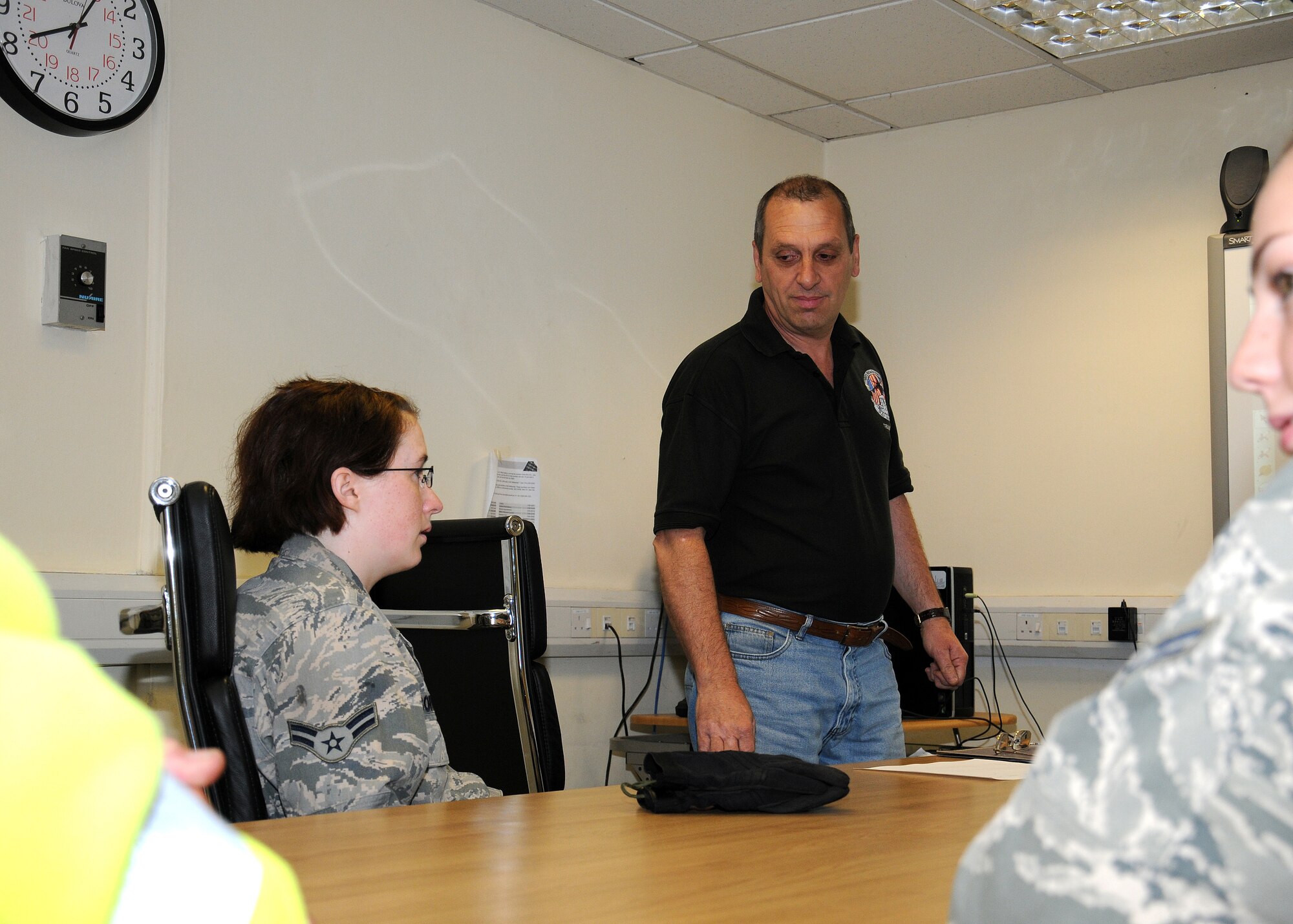 David Green, 100th Logistics Readiness Squadron Vehicle Operations training manager from Wisbech, Cambridgeshire, trains both service members and civilians on the technical aspects of forklift operation June 21, 2013, on RAF Mildenhall, England. Brig. Gen. Warren D. Berry, U.S. Air Forces in Europe Director, Logistics, Installations and Missions Support, emphasized that Airmen’s safety and the preservation of the Air Force's valuable resources remain the highest priorities as Airmen accomplish the mission. (U.S. Air Force photo by Gina Randall/Released)