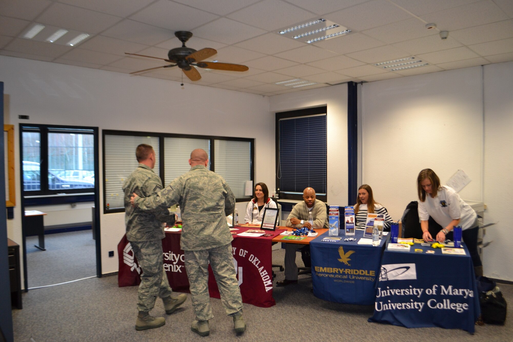 Airmen from the 86th Munitions Squadron attend an education fair in preparation for the 86th MUNS higher education challenge, Feb 1, 2013 Ramstein Air Base, Germany. The team that completes the most Community College of the Air Force degrees while during the challenge will receive a beverage of their choice, and the team that earns the most credits will lunch provided by the squadron leader. (courtesy photo)