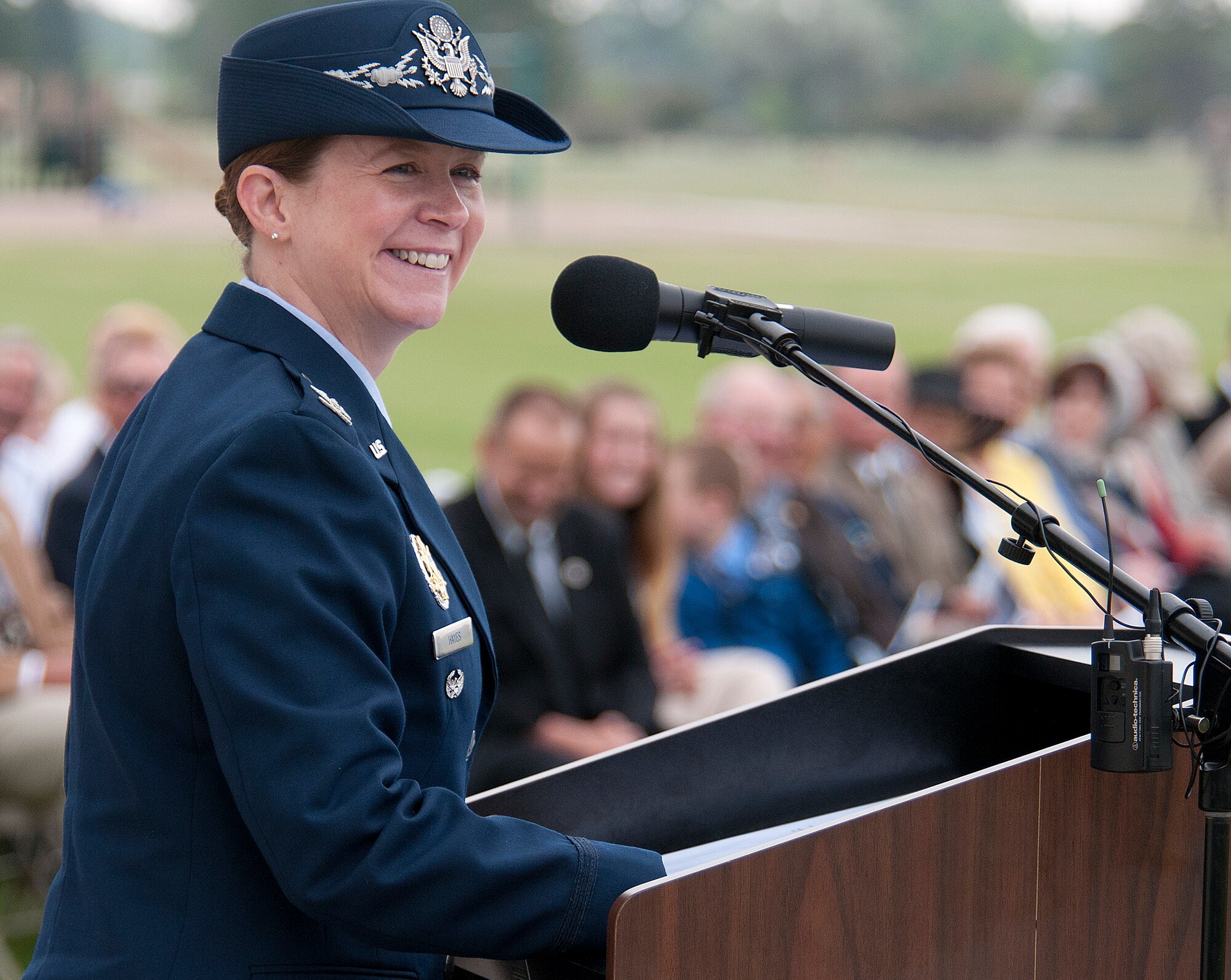 Col. Tracey Hayes, 90th Missile Wing commander, addresses the wing shortly after assuming command during a change-of-command ceremony on F. E. Warren Air Force Base June 17, 2013. (U.S. Air Force photo by R.J. Oriez)