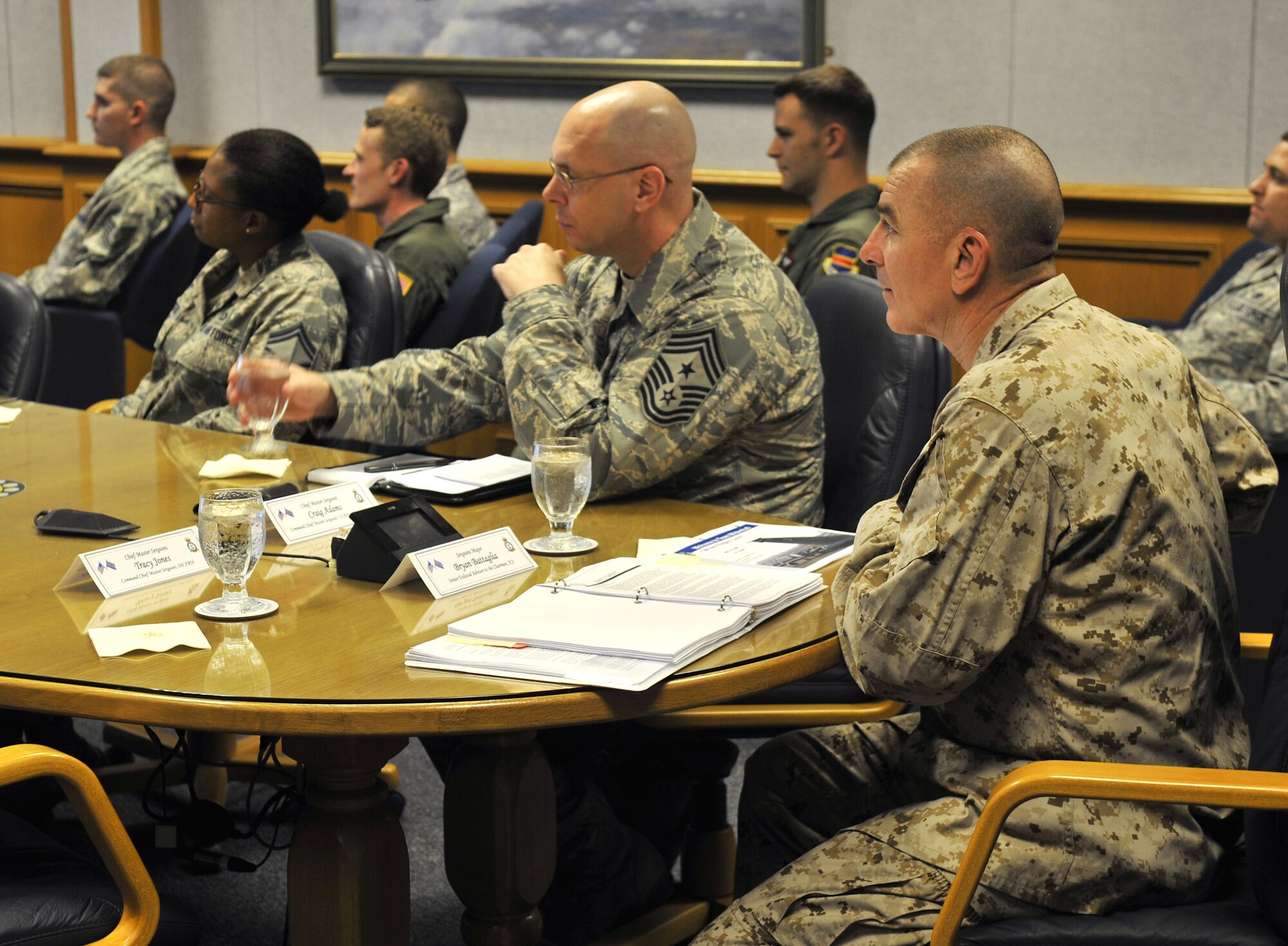 U.S. Marine Corps Sgt. Maj. Bryan Battaglia, senior enlisted advisor to the Chairman of the Joint Chiefs of Staff, attends a Team Mildenhall mission brief June 20, 2013, on RAF Mildenhall, England. As the senior non-commissioned officer in the U.S. Armed Forces, Battaglia is the principal military advisor to the Chairman and the Secretary of Defense on all matters involving joint and combined total force integration, utilization, health of the force and joint development for enlisted personnel. (U.S. Air Force photo by Staff Sgt. Jerilyn Quintanilla/Released)