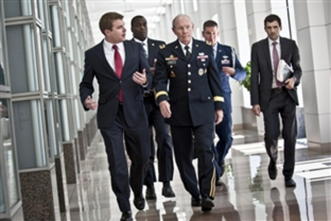 Army Gen. Martin E. Dempsey, chairman of the Joint Chiefs of Staff, prepares to address TechAmerica's senior leadership roundtable in Washington D.C., June 20, 2013. The roundtable consisted of chief executive officers from the most influential technology companies currently operating in the defense, intelligence and homeland security space.