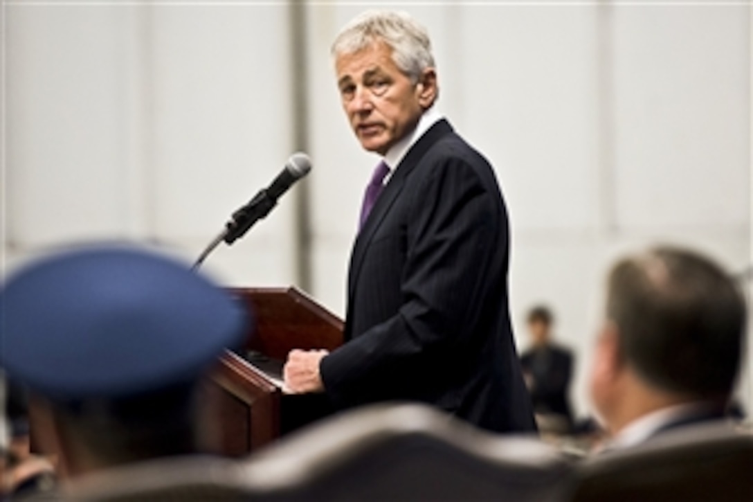 Defense Secretary Chuck Hagel delivers remarks during a farewell ceremony for Air Force Secretary Michael B. Donley on Joint Base Andrews, Md., June 21, 2013. Donley served as the 22nd and longest serving Air Force secretary. 