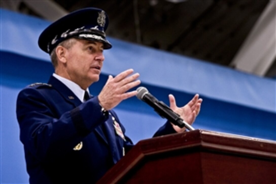 Air Force Chief of Staff Mark A. Welsh III delivers remarks during a farewell ceremony for Air Force Secretary Michael B. Donley on Joint Base Andrews, Md., June 21, 2013.