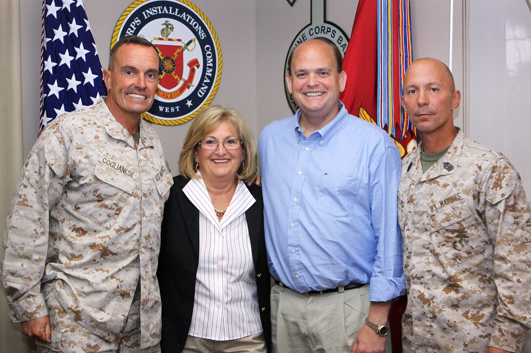 Diane Black and Tom Reed, center, paused for a photo with Brig. Gen. Vincent A. Coglianese, left, and Sgt. Maj. Scott R. Helms, right, during a visit to Camp Pendleton where they learned about the base, its functions and daily operations June 23. Coglianese is the base commanding general and regional authority for five military installations in the Southwestern United States and Helms is his senior enlisted advisor. Black is a congresswoman for the sixth district of Tennessee and Reed is a congressman for the 23rd district of New York.
“It’s great to be here with the men and women that are serving our country, and to say thank you to them personally,” said Black.
“It’s great to be here with the men and women that are serving our country, and to say thank you to them personally,” said Black.
