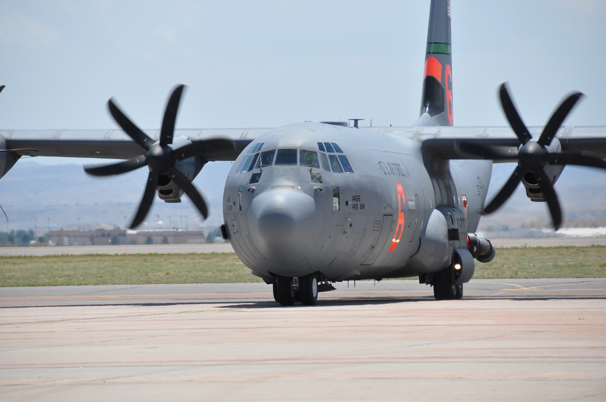 California Air National Guard's 'MAFFS 6' arrives Peterson Air Force Base, Colo. June 23. The MAFFS capability increased from two to four C-130s with the arrival of MAFFS 4 and 6 from the 146th Airlift Wing. The U.S. Forest Service, through the National Interagency Fire Center in Boise, Idaho requested the activation of two additional Modular Airborne Fire Fighting System-equipped military C-130 aircraft to assist in battling wildland fires. (U.S. Air Force photo/Ann Skarban)