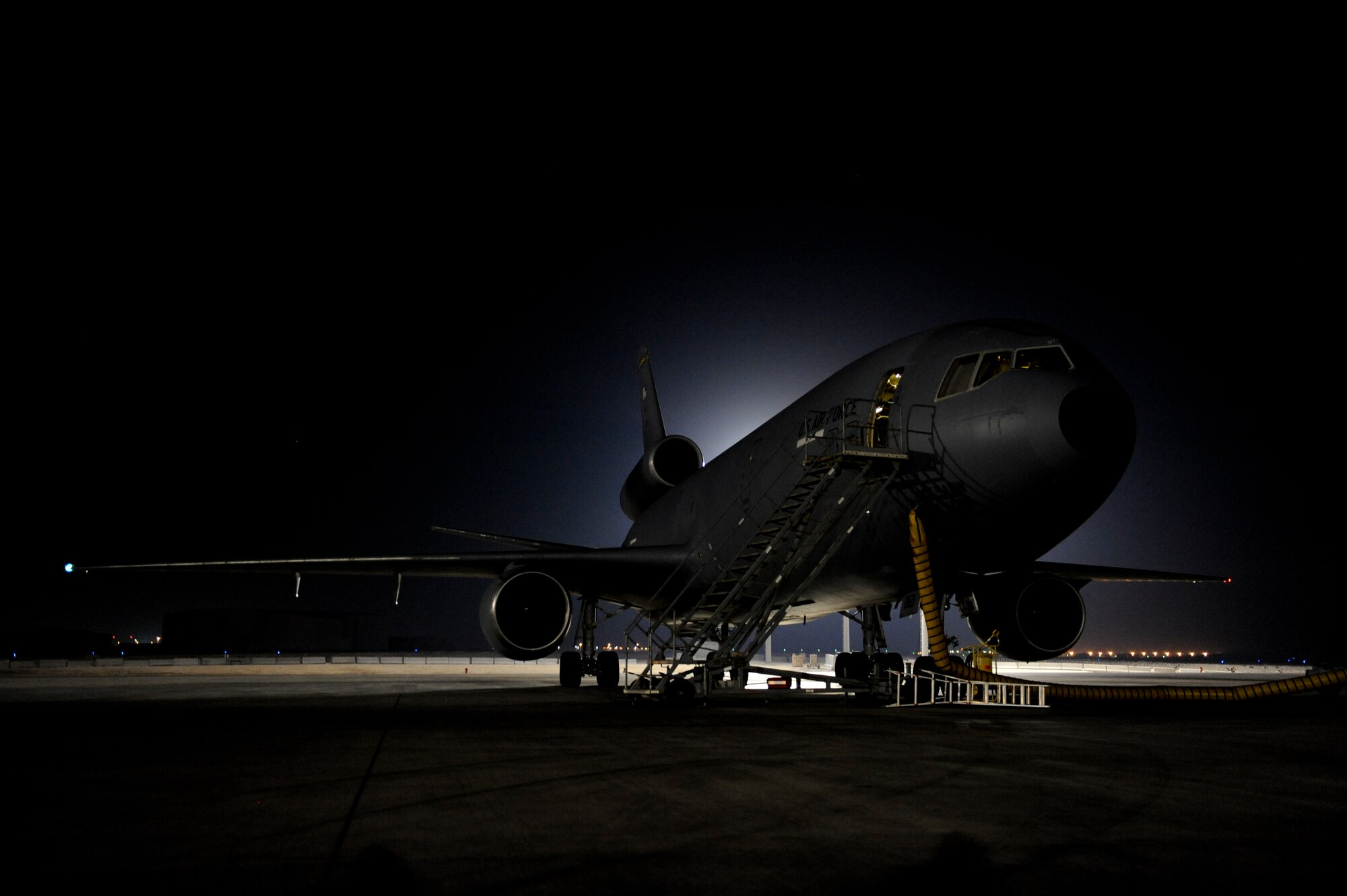 A KC-10 Extender with the 908th Air Refueling squadron waits to depart for a combat sortie at an undisclosed location in Southwest Asia June 14, 2013.  The Extender is an advanced cargo and tanker designed to provide increased global mobility for U.S. armed forces. Although the KC-10’s primary mission is aerial refueling, it can simultaneously carry support personnel and equipment. (U.S. Air Force photo by Staff Sgt. Joshua J. Garcia)