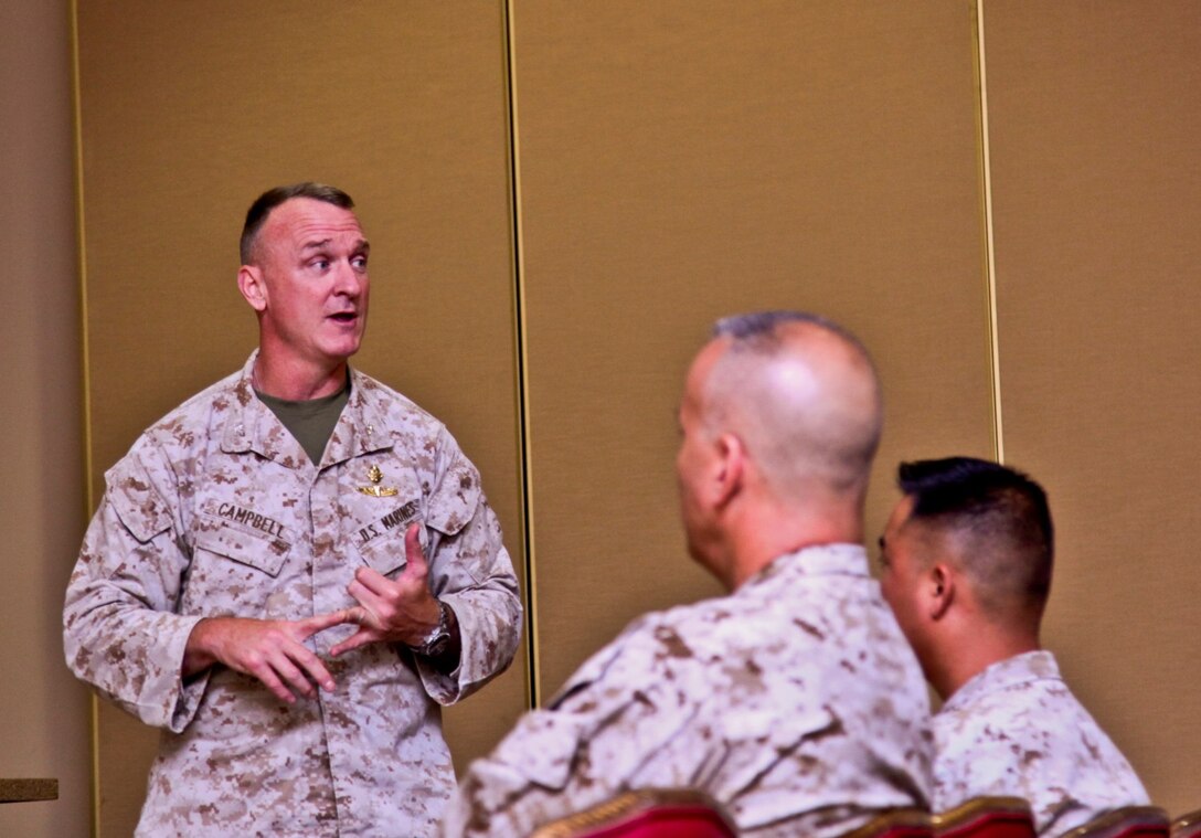 Colonel Scott D. Campbell, commanding officer, 15th Marine Expeditionary Unit, addresses his staff non-commissioned officers during a farewell ceremony at the Pacific Views Events Center on Camp Pendleton, Calif., June 19. Campbell stressed the important role his staff NCOs played in the unit’s safe return from the Western Pacific 12-2 deployment. Campbell is slated to relinquish command later this month. (U.S. Marine Corps photo by Cpl. Emmanuel Ramos/Released)