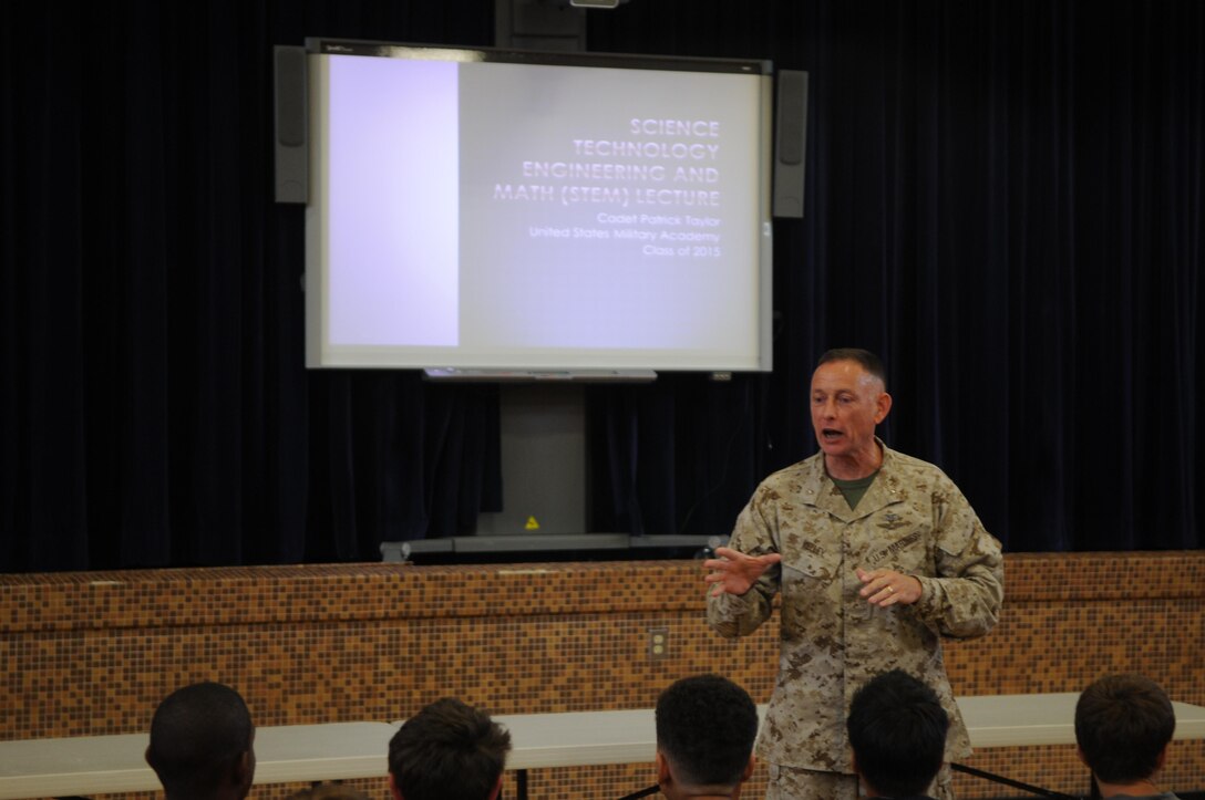 Brig. Gen. Frank Kelley, commander of Marine Corps Systems Command, speaks to students at the outset of the weeklong Science, Technology, Engineering and Math Academy at Quantico Middle/High School on June 17, 2013. 