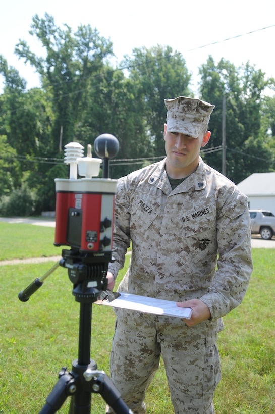 Cpl. Shane Piazza, scheduling noncommissioned officer at Range Management Branch, checks the branch’s wet bulb globe thermometer in the late morning of June 17, 2013. The device, which determines heat stress flag conditions, is checked every 30 to 60 minutes during the day, every day from May 1 to Sept. 30. 