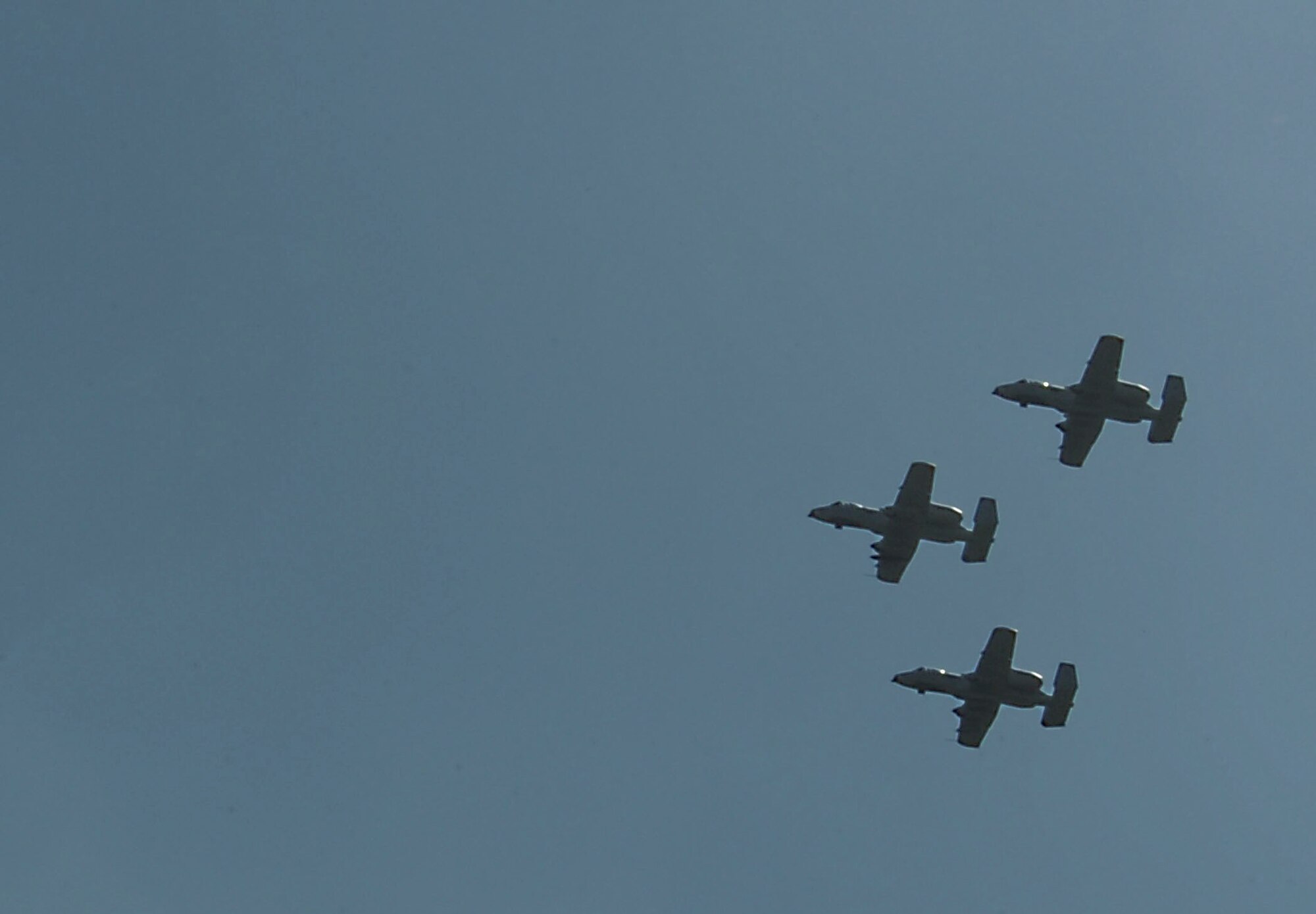 The last three A-10 Thunderbolt II attack aircraft, assigned to the 47th Fighter Squadron, fly in formation above Barksdale Air Force Base, La., June 24, 2013. Members of the community and Barksdale Airmen gathered in a ceremony to celebrate the end of an era and the heritage of the 917th Fighter Group. (U.S. Air Force photo)(Senior Airman Kristin High)
