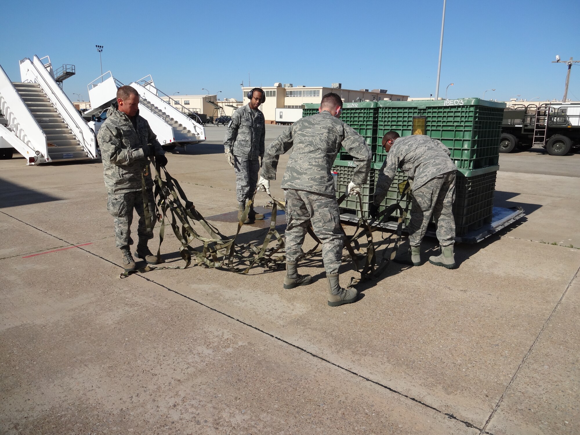 Members of the 72nd Aerial Port Squadron competed in a local rodeo competition demonstrating their skills in loading and preparing cargo for delivery. (Courtesy Photo) 