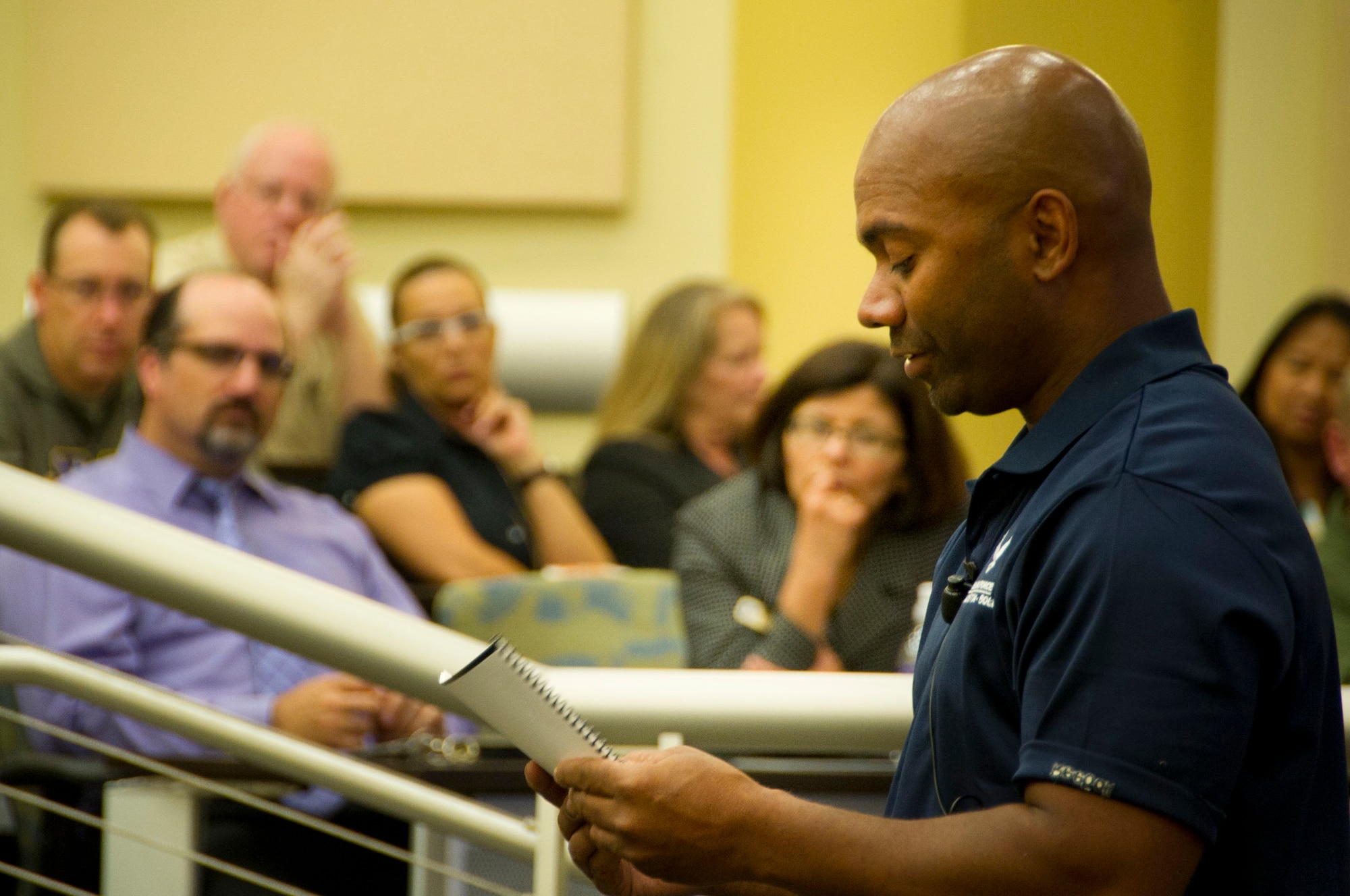 Torian Williams, Joint Base Anacostia-Bolling's Sexual Assault Response
Coordinator, D.C., defines sexual assault to National Capital Region Airmen
verbatim June 17, 2013, on Joint Base Andrews, Md. This mandatory Sexual
Assault Prevention and Response training class was part of the Air Force's
direct effort to inform Airmen about the seriousness of sexual assault and
the impact each Airman can have on the Total Force if they live by the zero
tolerance rule. (U.S. Air Force photo by Senior Airman Tabitha N. Haynes)