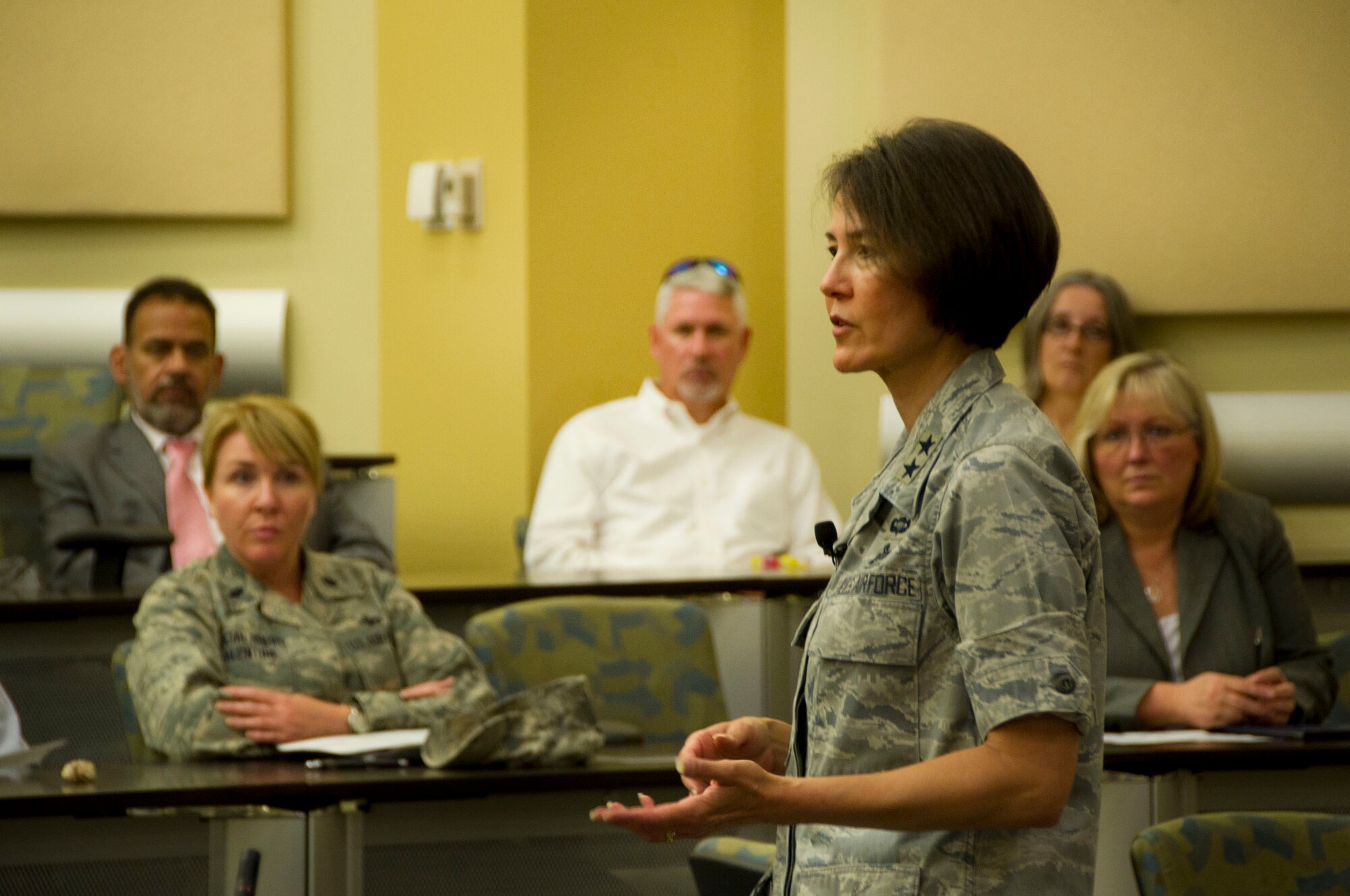 Air Force District of Washington Commander Maj. Gen. Sharon K. G. Dunbar
informs National Capital Region Airmen about the seriousness of sexual
assault and the impact Airmen can have on the Total Force if they live
by the zero tolerance rule June 17, 2013, on Joint Base Andrews, Md. Sexual
Assault Prevention and Response training is mandatory this month across the
Air Force. (U.S. Air Force photo by Senior Airman Tabitha N. Haynes)