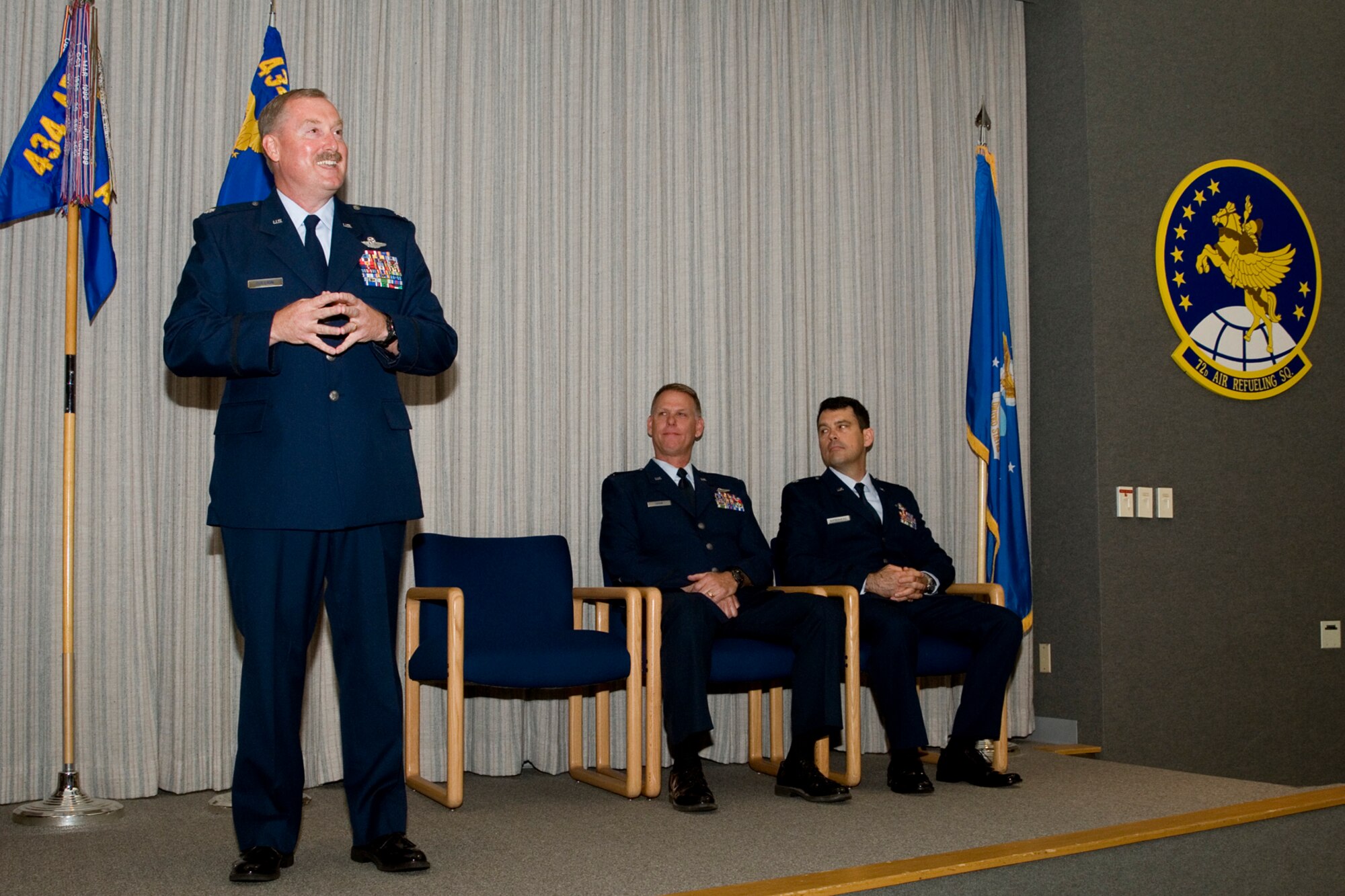 Lt. Col. Douglas Gullion, 434th Operations Support Squadron commander, speaks to guests at a change of command ceremony here June 1, 2013. Gullion replaced Lt. Col. Larry Shaw as the new 434th OSS commander. (U.S Air Force photo/Staff Sgt. Andrew McLaughlin) 