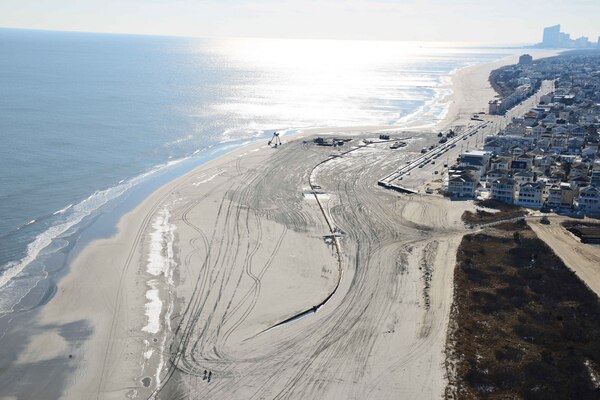 During Construction - The U.S. Army Corps of Engineers Philadelphia District pumped 667,000 cubic yards of sand onto the beach at Brigantine, NJ. Work was completed in February of 2013.