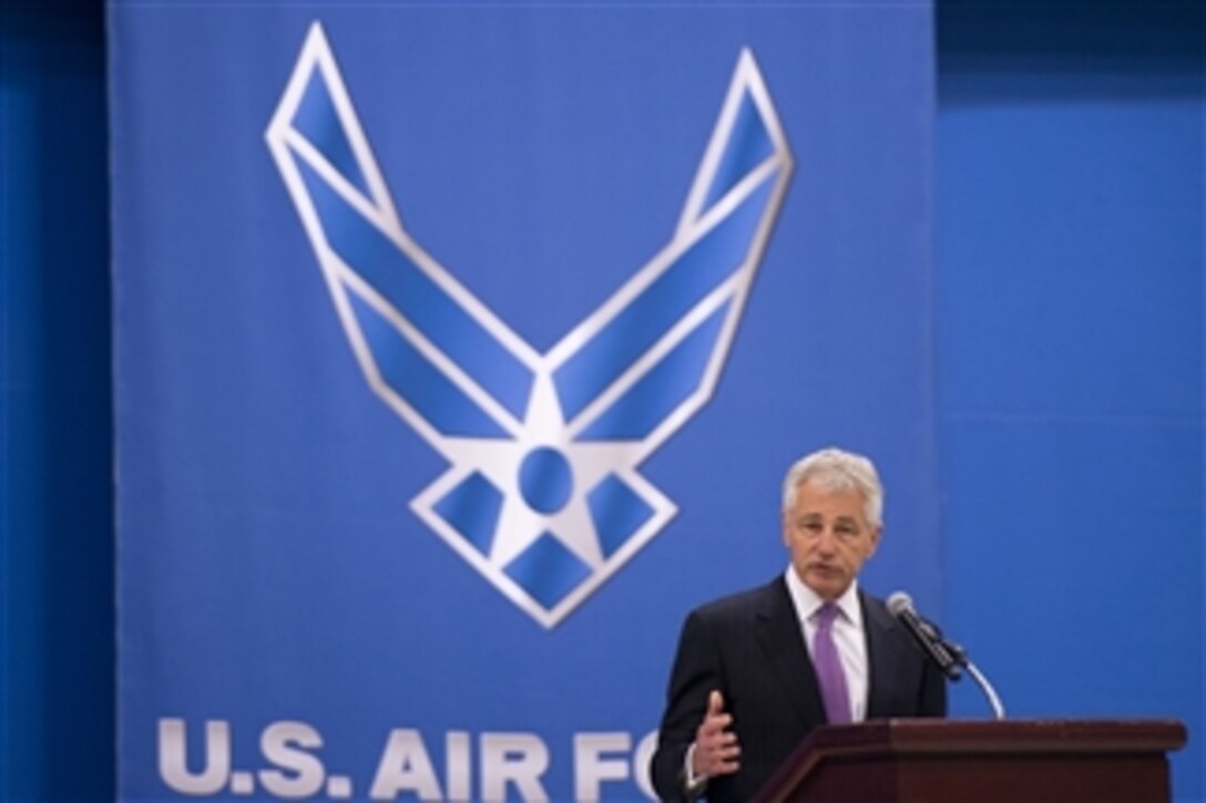 Secretary of Defense Chuck Hagel speaks at the farewell ceremony for Secretary of the Air Force Michael B. Donley at Joint Base Andrews, Md., on June 21, 2013.  Donley served as the 22nd and longest serving secretary in the history of the Air Force.  