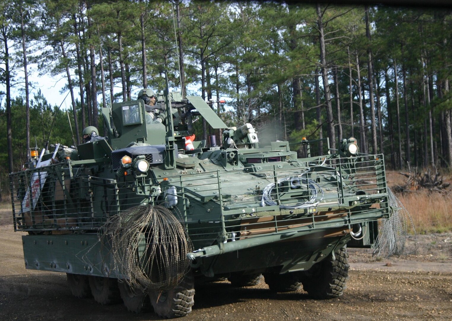 A Stryker vehicle from the 56th SBCT, Pennsylvania National Guard moves out to conduct joint operations during JRTC rotation 09-02 at Ft. Polk, La.