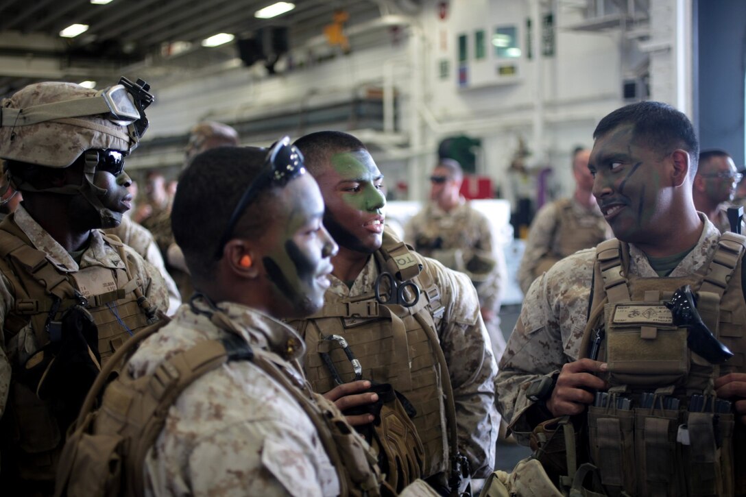 130614-M-OH054-169
PACIFIC OCEAN ABOARD USS BOXER (LHD-4) – Marines with Tactical Recovery of Aircraft and Personnel Platoon, Charlie Company, Battalion Landing Team 1/4, 13th Marine Expeditionary Unit, stand by to execute a TRAP mission during PHIBRON-MEU Integration aboard the USS Boxer (LHD-4), June 14, 2013. PMINT is a three week long pre-deployment training event focusing on the combined Marine Expeditionary Unit and Amphibious Ready Group capabilities and the strengthening of the Navy and Marine Corps team. (Official U.S. Marine Corps photo by Sgt. Christopher O’Quin/Released)