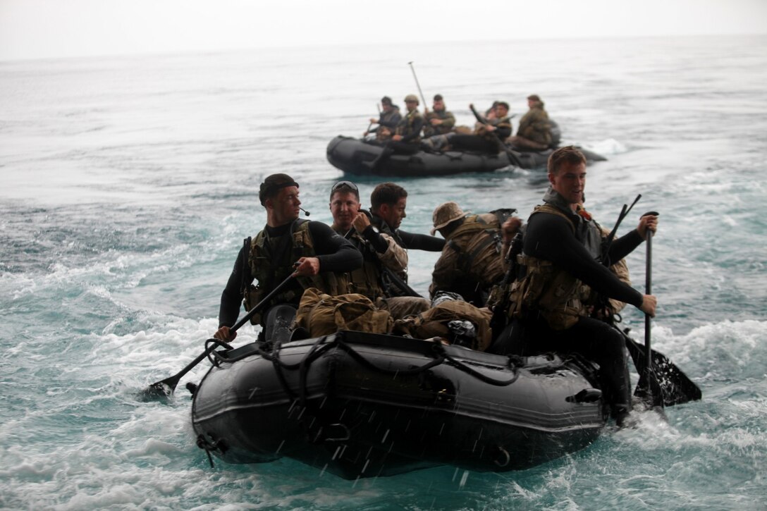 130615-M-OH054-140
PACIFIC OCEAN ABOARD USS BOXER (LHD-4) – Marines and Sailors with Reconnaissance Platoon, Battalion Landing Team 1/4, 13th Marine Expeditionary Unit, launch Combat Rubber Raiding Crafts for a reconnaissance mission as part of PHIBRON-MEU Integration aboard the USS Boxer (LHD-4), June 15, 2013. PMINT is a three week long pre-deployment training event focusing on the combined Marine Expeditionary Unit and Amphibious Ready Group capabilities and the strengthening of the Navy and Marine Corps team. (Official U.S. Marine Corps photo by Sgt. Christopher O’Quin/Released)