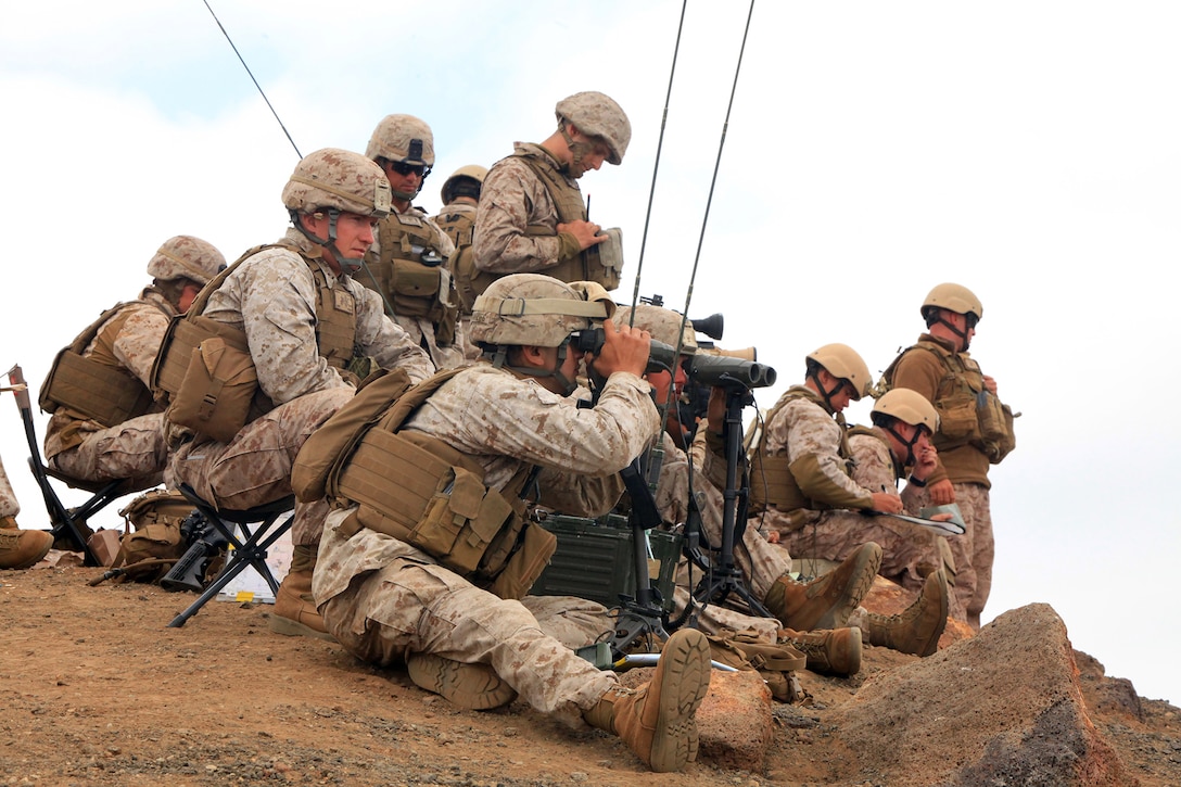 U.S. Marines with 1st Battalion, 4th Marine Regiment, 13th Marine Expeditionary Unit, conduct forward observationa and call for fire during PHIBRON MEU Integrated Training June 15, 2013. PMINT is a three week long predeployment training event focusing on the combined Marine Expeditionary Unit and Amphibious Ready Group capabilities and the strengthening of the Navy and Marine Corps team.