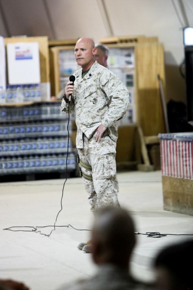 Sgt. Maj. of the Marine Corps Micheal Barrett addresses the Marines with 2nd Battalion, 8th Marine Regiment, Regimental Combat Team 7, here, June 19, 2013. Barrett spoke about several issues including the state of the war and options for Marines leaving the Marine Corps.