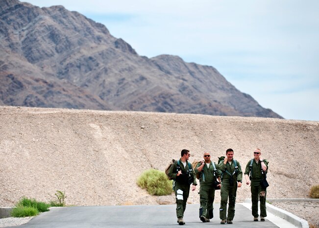 F-15E Strike Eagle pilots assigned to the 335th Fighter Squadron, Seymour Johnson Air Force Base, N.C., step towards their aircraft before a training mission during Green Flag-West 13-5 June 24, 2013, at Nellis Air Force Base, Nev. Green Flag-West exercises take place 10 times a year. (U.S. Air Force photo/Senior Airman Brett Clashman)