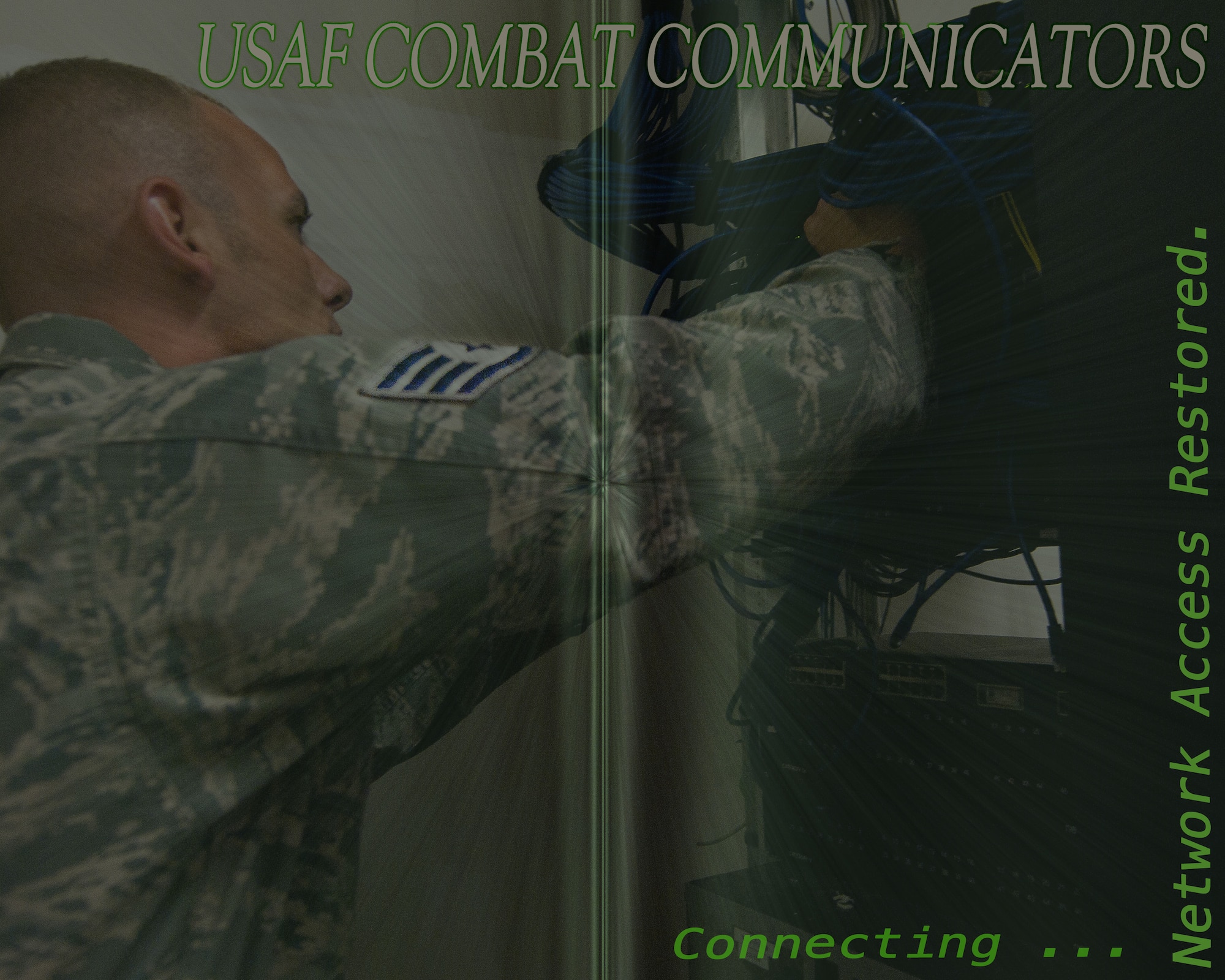 U.S. Air Force Staff Sgt. Adam Spencer, 366th Communications Squadron, repairs network switches at Mountain Home Air Force Base, June 25, 2013. The 366th CS accomplished a network migration, and Spencer and fellow network specialists troubleshot and repaired network troubles. (U.S. Air Force photo illustration by Master Sgt. Kevin Wallace/RELEASED)