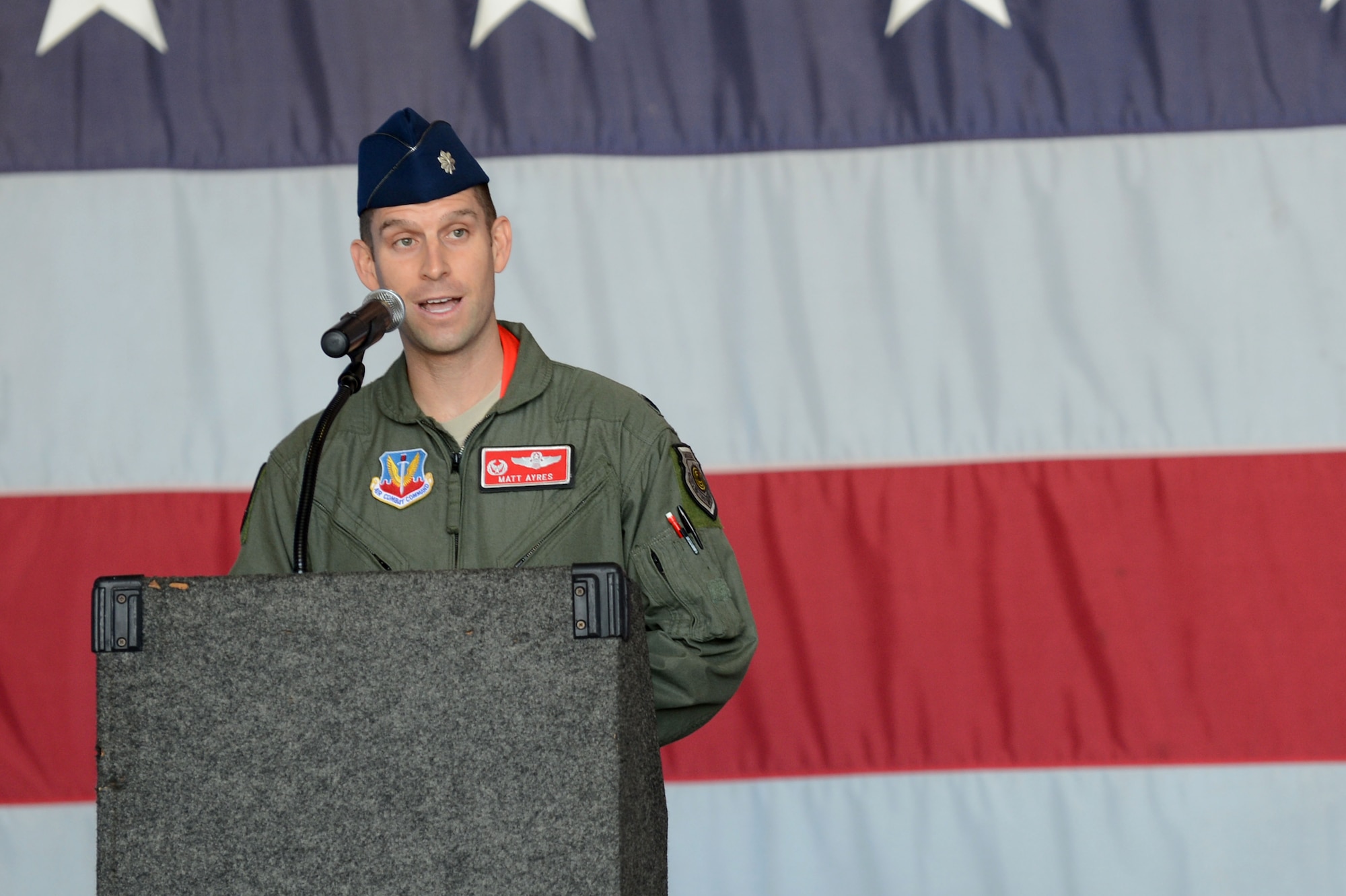 U.S. Air Force Lt. Col. Matthew Ayres addresses the audience after assuming command of the 77th Fighter Squadron at Shaw Air Force Base, S.C., June 21, 2013. (U.S. Air Force photo by Airman 1st Class Nicole Sikorski/Released).  