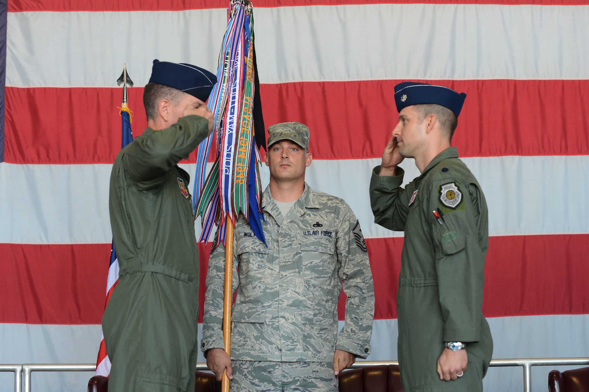 U.S. Air Force Lt. Col. Matthew Ayres assumes command of the 77th Fighter Squadron at Shaw Air Force Base, S.C., June 21, 2013. Ayres succeeded the command of Lt. Col. John Vargas after Vargas was presented with a Meritorious Service Medal. (U.S. Air Force photo by Airman 1st Class Nicole Sikorski/Released).  