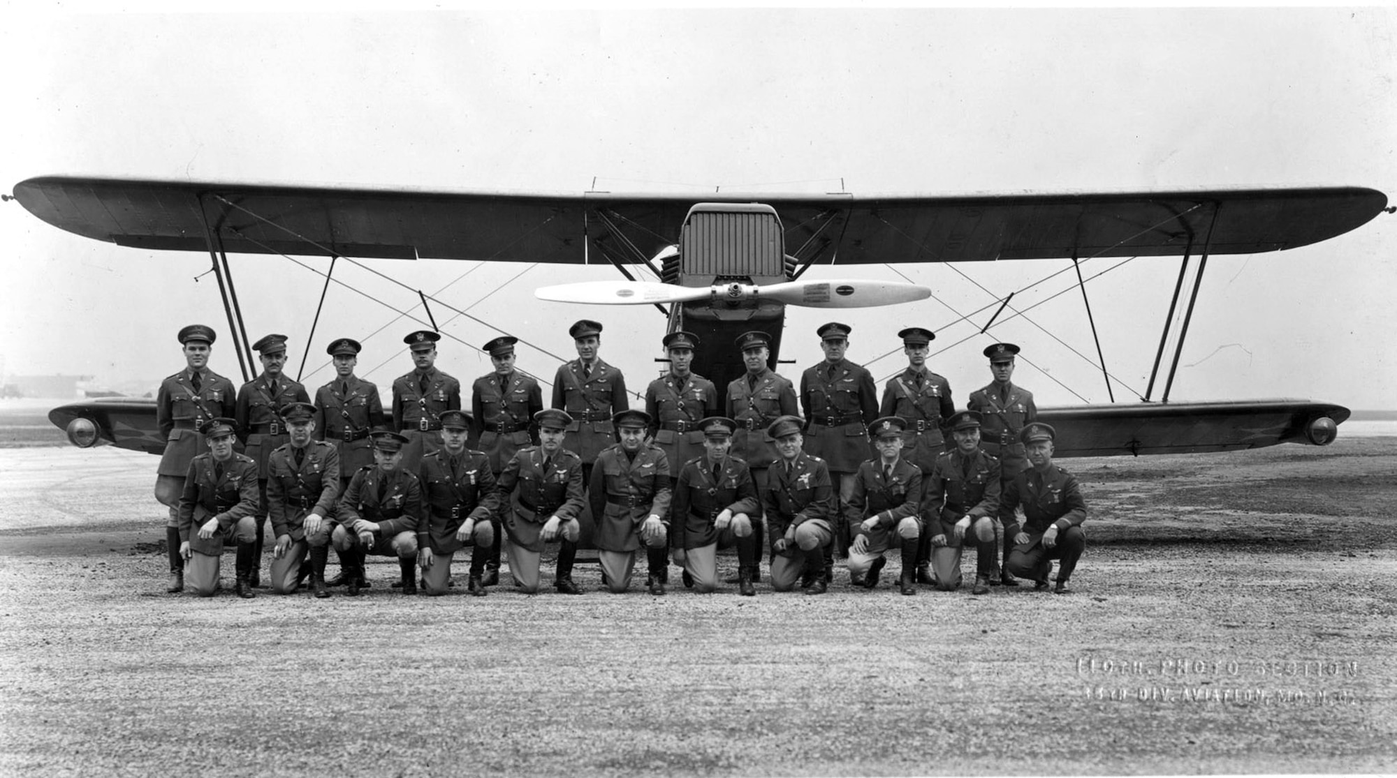 Pilots of the 110th Observation Squadron, Missouri National Guard, pose in front of a Douglas O-2H observation aircraft, circa 1929.  (131st Bomb Wing file photo/RELEASED)