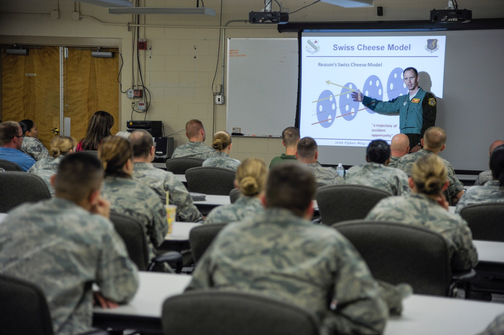 U.S. Air Force Maj. Peter Kasarskis, 354th Fighter Wing director of staff, discusses sexual assault prevention with Airmen and civilians during the Sexual Assault and Prevention Response stand-down day June 21, 2013, at Eielson Air Force Base, Alaska. The base-wide training sessions were conducted in response to an order from Secretary of Defense Chuck Hagel that all military services set aside a day before July 1 to inform service members and Defense Department civilians of their role in eliminating sexual assault and taking steps to foster a zero tolerance culture. (U.S. Air Force photo by Airman 1st Class Peter Reft/Released)