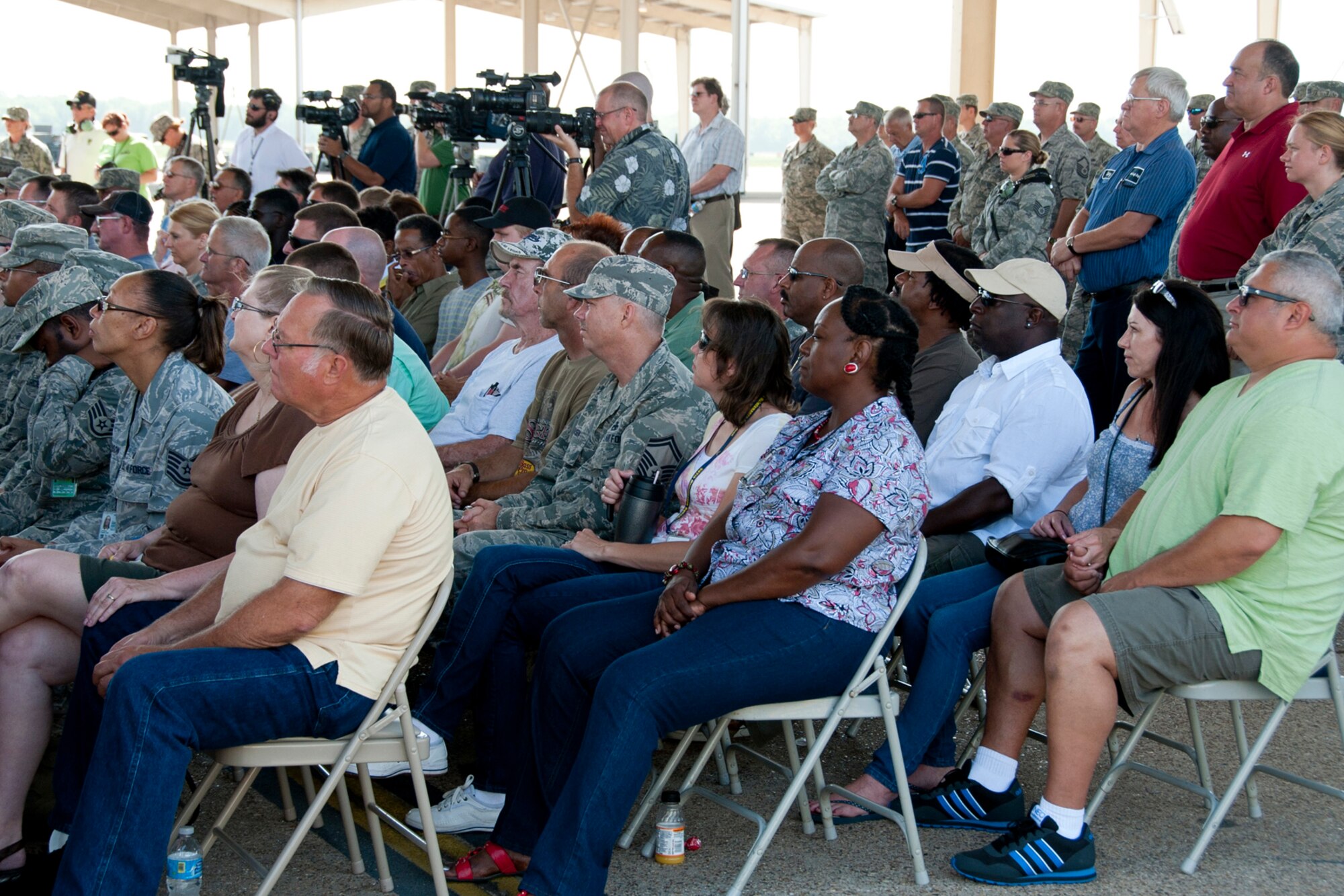 Approximately 200 people gathered on the flight line to watch the takeoff of the last three A-10 Thunderbolt II jet aircraft from Barksdale Air Force Base, La., June 24, 2013.  The transfer of all the A-10s from Barksdale is due to the recent Force Structure Action Implementation Plan that dictates the 917th Fighter Group at Barksdale will be inactivated this year on the last day of September. (U.S. Air Force photo by Master Sgt. Jeff Walston/Released)