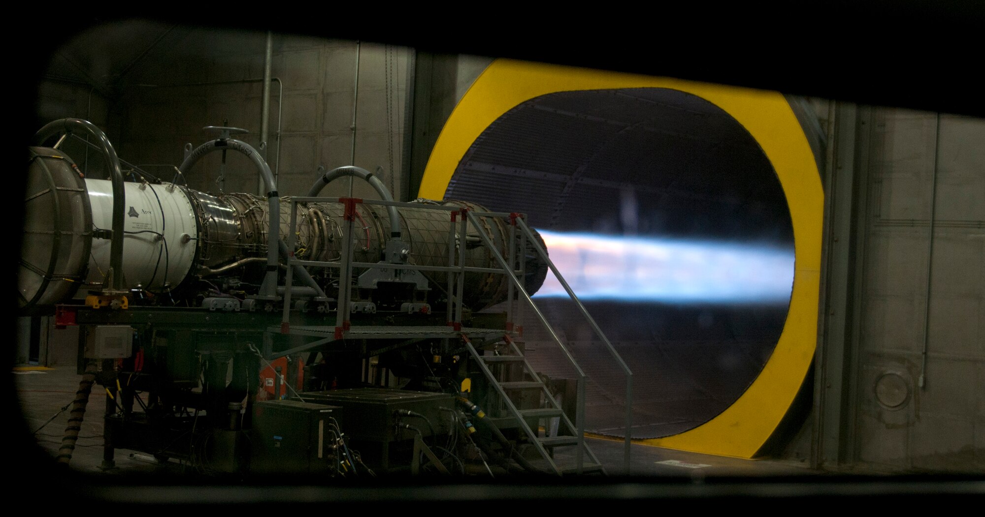 The engine of an F-15E Strike Eagle is completes an engine run at one of two hush houses on the base, May 5, 2013, at Mountain Home Air Force Base, Idaho. The hush house allows a location for the engine to be tested without disturbing the general base population. (U.S. Air Force photo by Senior Airman Heather Hayward/Released)