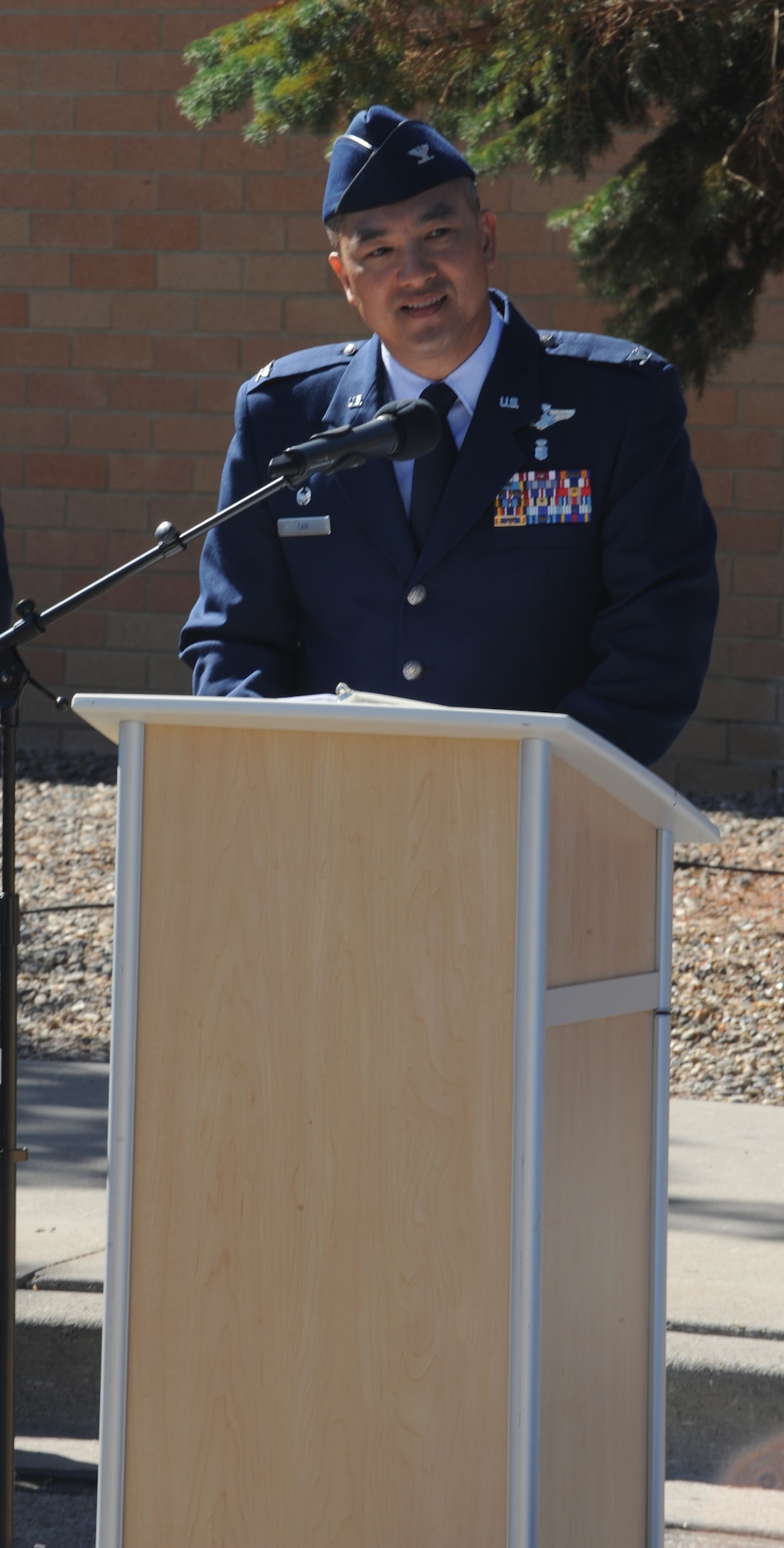 Col. Sarady Tan, 366th Medical Group commander, officiated over the 366th Medical Support Squadron change of command ceremony June 17, 2013, at Mountain Home Air Force Base, Idaho. During the ceremony, Lt. Col. Christopher Estridge relinquished command of the squadron to Lt. Col. Robert Corby, who joins the Gunfighter team from Ft. Detrick, Md, where he was the chief support of medical supplies. Corby hopes to keep the Medical Support Squadron ready to serve the Gunfighter community. (U.S. Air Force Photo/ Airman 1st Malissa Lott)