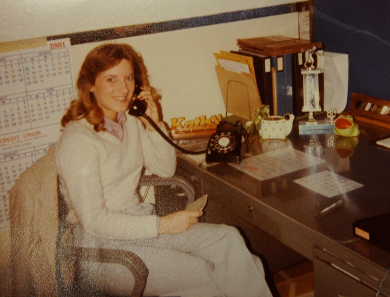 Kathy Burge, the longest serving Department of Defense civil service employee at Vance, sits behind her desk 1979 working as a computer aide at Tinker Air Force Base, Okla. She is currently the 71st Flying Training Wing operations plans officer at Vance Air Force Base, Okla. Burge started her career at Tinker Air Force Base in 1977 as a clerk stenographer and plans to retire June 28. (Courtesy photo)
