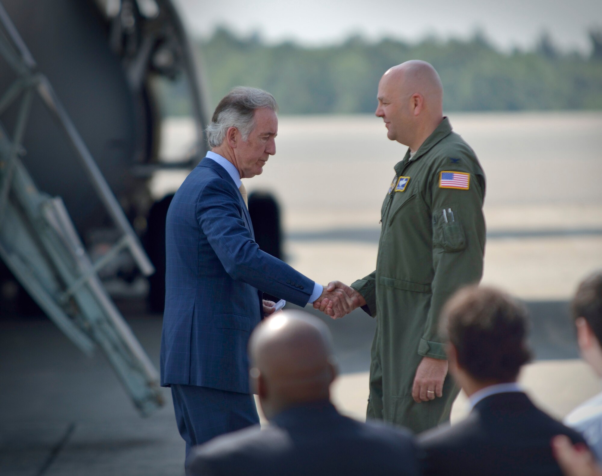 Massachusetts Congressman Richard Nealspeaks to 40 civic, business, and military leaders gathered at a ceremony June 24 announcing a $24.4M contract to fund
a new fuel hydrant system on base. 
