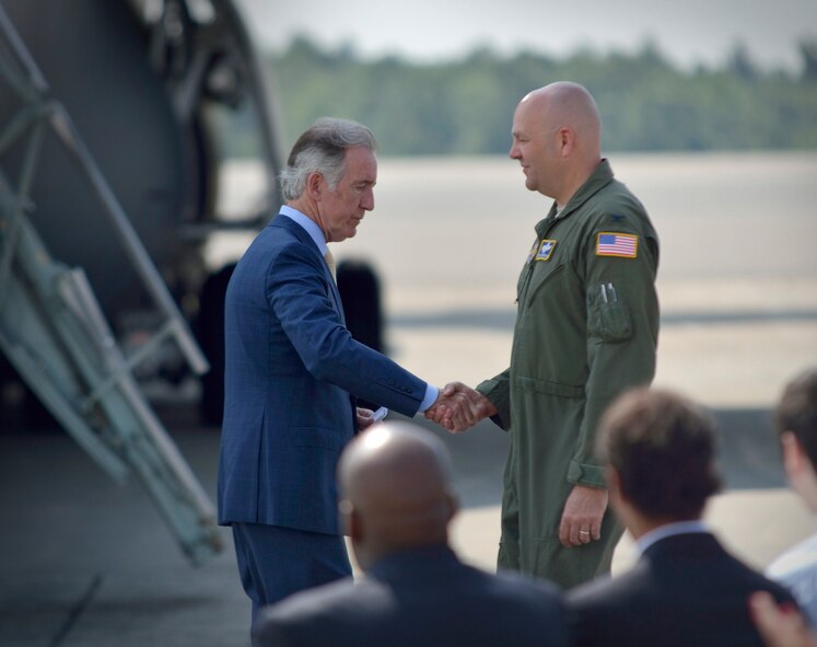 Massachusetts Congressman Richard Nealspeaks to 40 civic, business, and military leaders gathered at a ceremony June 24 announcing a $24.4M contract to fund
a new fuel hydrant system on base. 
