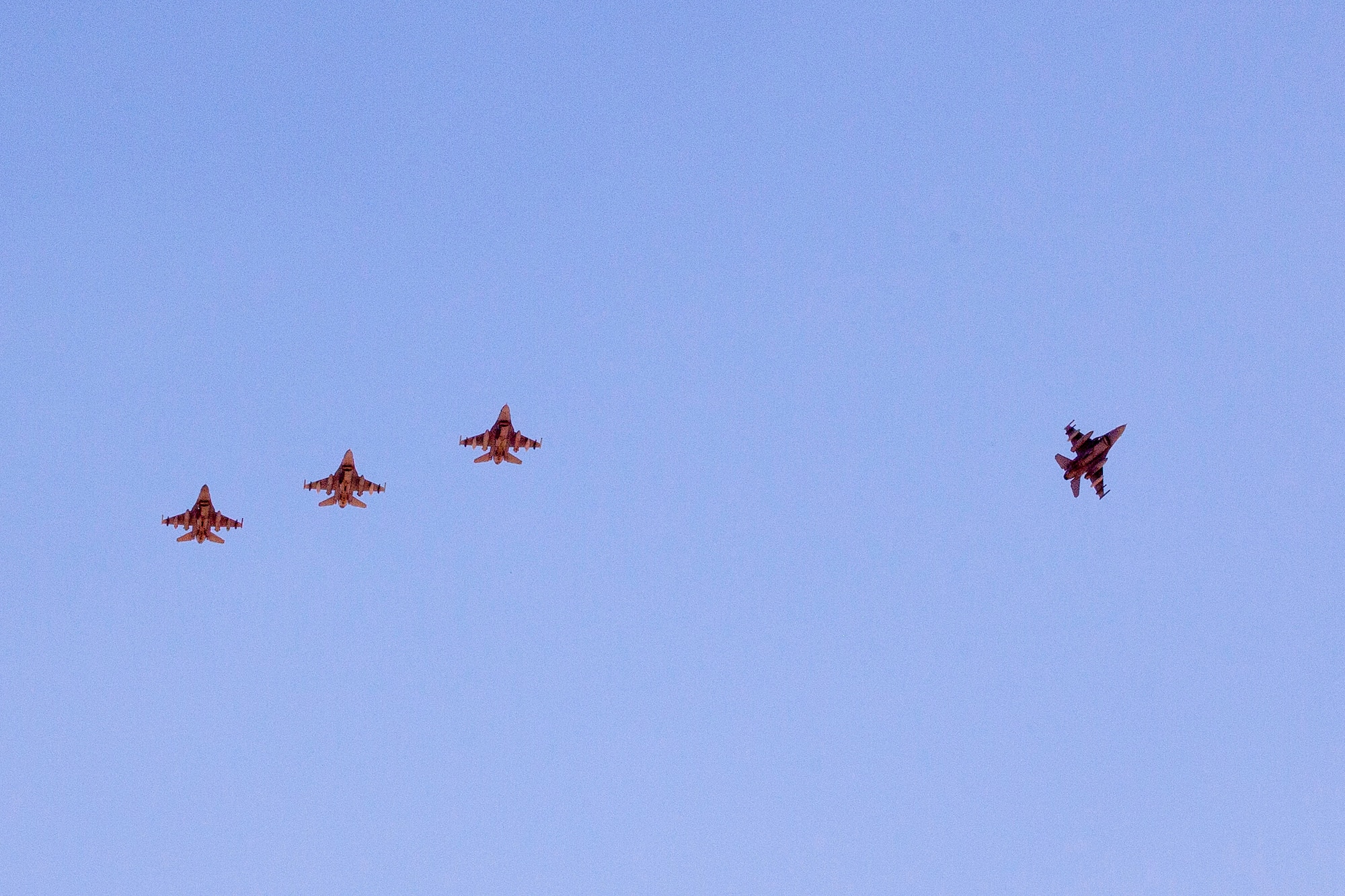 F-16 Fighting Falcons from the 180th Fighter Wing, Ohio Air National Guard, arrive at a training base in Northern Jordan as part of Exercise Eager Lion. Eager Lion is a U.S. Central Command-directed, irregular warfare-themed exercise focusing on missions the United States and its coalition partners might perform in support of global contingency operations. (U.S. Air National Guard photo by Senior Master Sgt. John P. Rohrer)