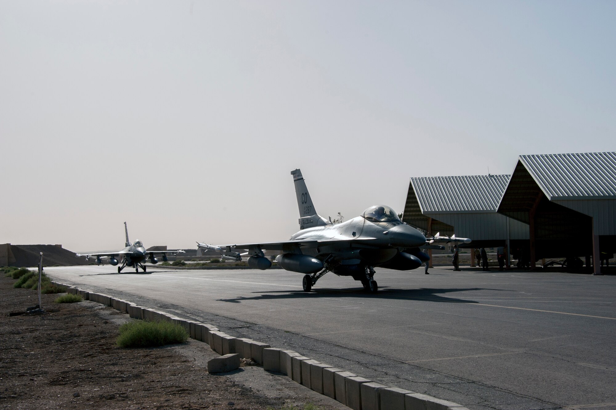 F-16 Fighting Falcons from the Colorado Air National Guard arrives at a training base in Northern Jordan as part of the Eager Lion exercise. Eager Lion is a U.S. Central Command-directed, irregular warfare-themed exercise focusing on missions the United States and its coalition partners might perform in support of global contingency operations. (U.S. Air National Guard photo by Senior Master Sgt. John P. Rohrer)
