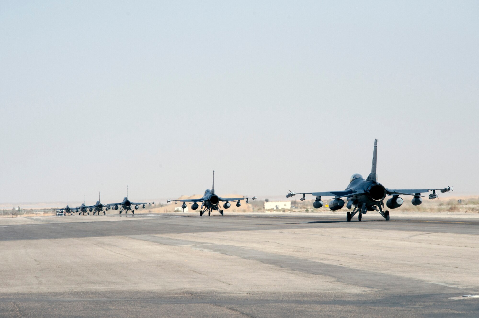 F-16 Fighting Falcons from the Colorado Air National Guard arrives at a training base in Northern Jordan as part of the Eager Lion exercise. Eager Lion is a U.S. Central Command-directed, irregular warfare-themed exercise focusing on missions the United States and its coalition partners might perform in support of global contingency operations. (U.S. Air National Guard photo by Senior Master Sgt. John P. Rohrer)