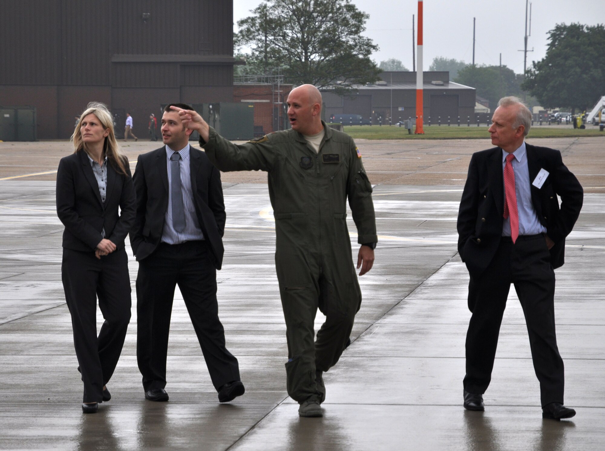 Second from right, Maj. David Jeltema, 352nd Special Operations Group executive officer, interacts with three distinguished visitors during a civic leader visit June 21, 2013, at RAF Mildenhall, England. More than 60 community leaders, landowners and other distinguished visitors attended a joint 100th Air Refueling Wing and 352nd SOG civic leader event focused on showcasing the 352nd SOG and discussing its ongoing expansion. (U.S. Air Force photo by Capt. Jason Smith/Released)