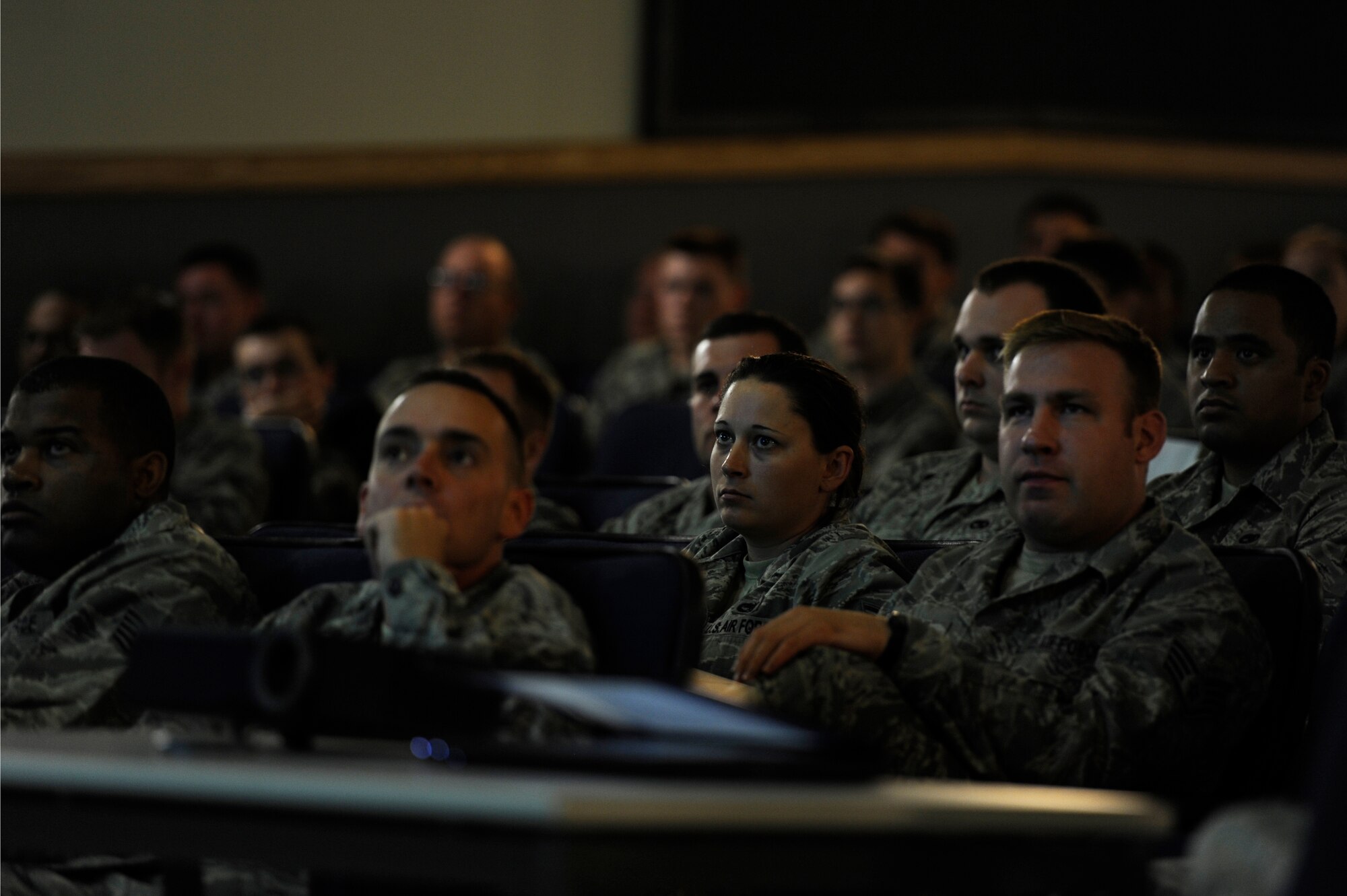 KUNSAN AIR BASE, Republic of Korea – Wolf Pack members receive a Sexual Assault Prevention Response statistics brief during a training day at the base theater, June 21, 2013. Following the event, members walked along the fitness center track to observe a ‘silent walk’ memorial display highlighting victims from the last 10 years here. Airmen also watched and discussed videos, as well as skits performed by SAPR theater group members. (U.S. Air Force photo by Staff Sgt. Tong Duong)