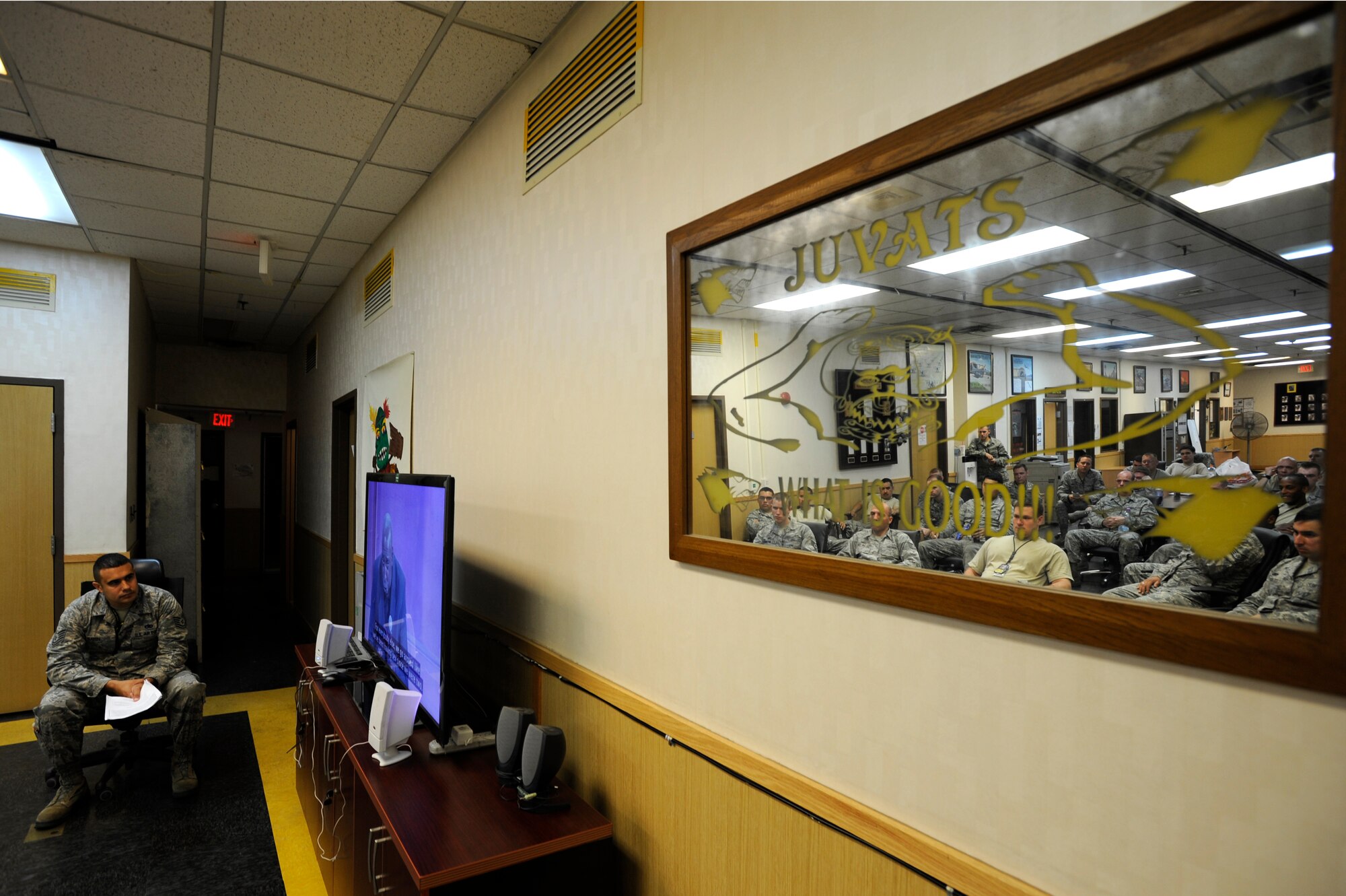 KUNSAN AIR BASE, Republic of Korea – Airmen of the 80th Aircraft Maintenance Unit watch Tony Porter’s video: “A Call to Men,” during a wing-wide awareness day focusing on sexual assault, June 21, 2013. Men and women of the 8th Fighter Wing divided into separate groups to discuss the issues of sexual assault. (U.S. Air Force photo by Staff Sgt. Tong Duong)