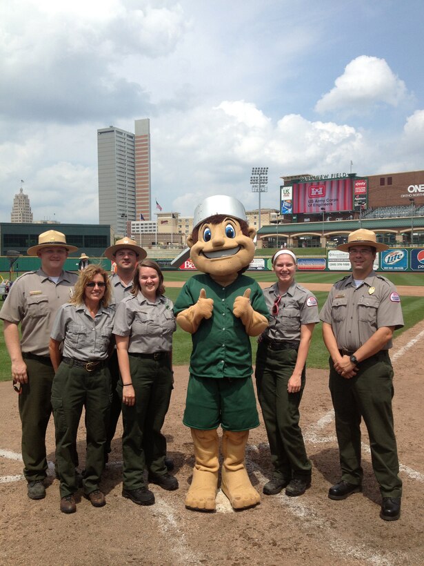 The Fort Wayne Tin Caps' mascot smiles because the U.S. Army Corps of Engineers Upper Wabash staff promoted water safety to the 5,000 attendants at the annual Tin Caps Splash Day.