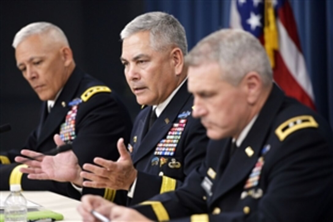 From left, Army Lt. Gen. James L. Huggins, Gen. John F. Campbell and Maj. Gen. John M. Murray explain specific impending cuts and realignments within the Army's force structure following a briefing by U.S. Army Gen. Raymond T. Odierno, chief of staff of the Army, at the Pentagon, June 25, 2013.