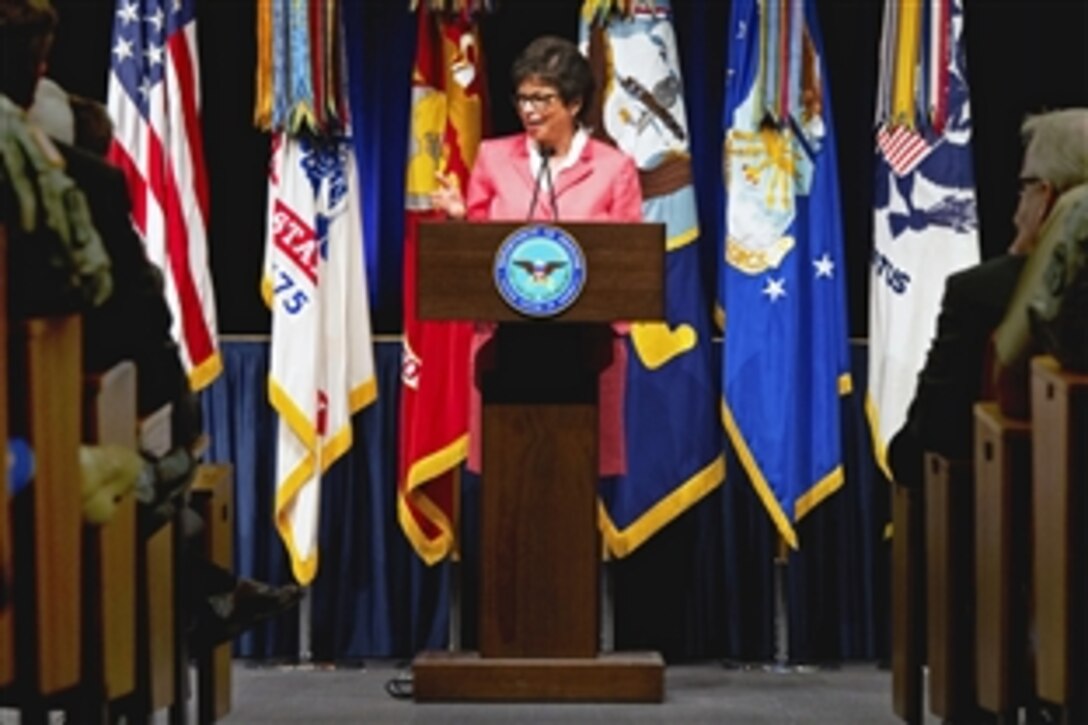 Valerie Jarrett, senior advisor to President Barack Obama, addresses the audience at a Lesbian, Gay, Bisexual and Transgender Pride Month event at the Pentagon, June 25, 2013.