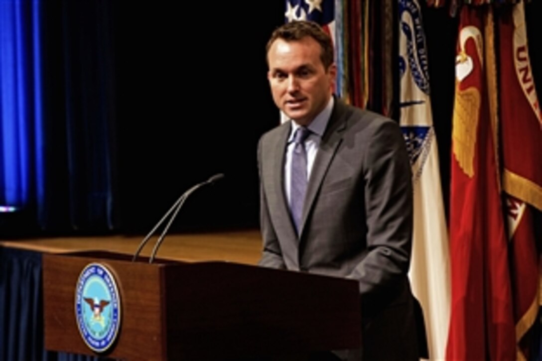 Acting Air Force Secretary Eric Fanning, the most senior openly gay appointee in the Defense Department, speaks at a Lesbian, Gay, Bisexual, Transgender Pride Month event at the Pentagon, June 25, 2013. 