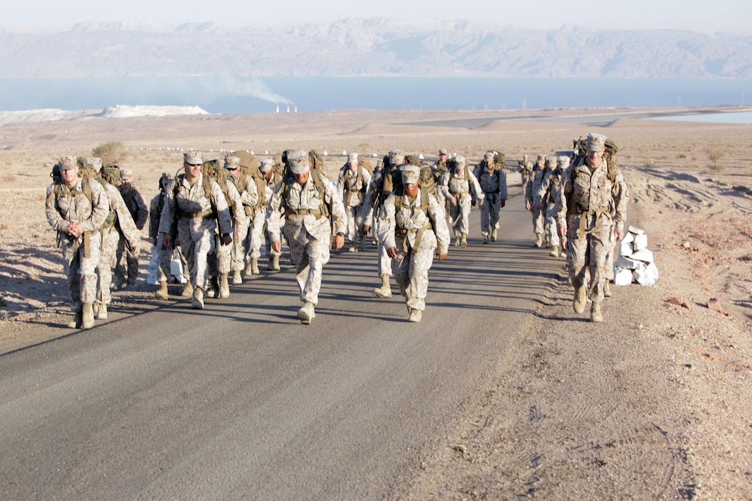 Marines with Marine Corps Forces Central Command (Forward) conduct a hike on the last day of Exercise Eager Lion 2013 near Camp Titin, Jordan, June 20, 2013.  