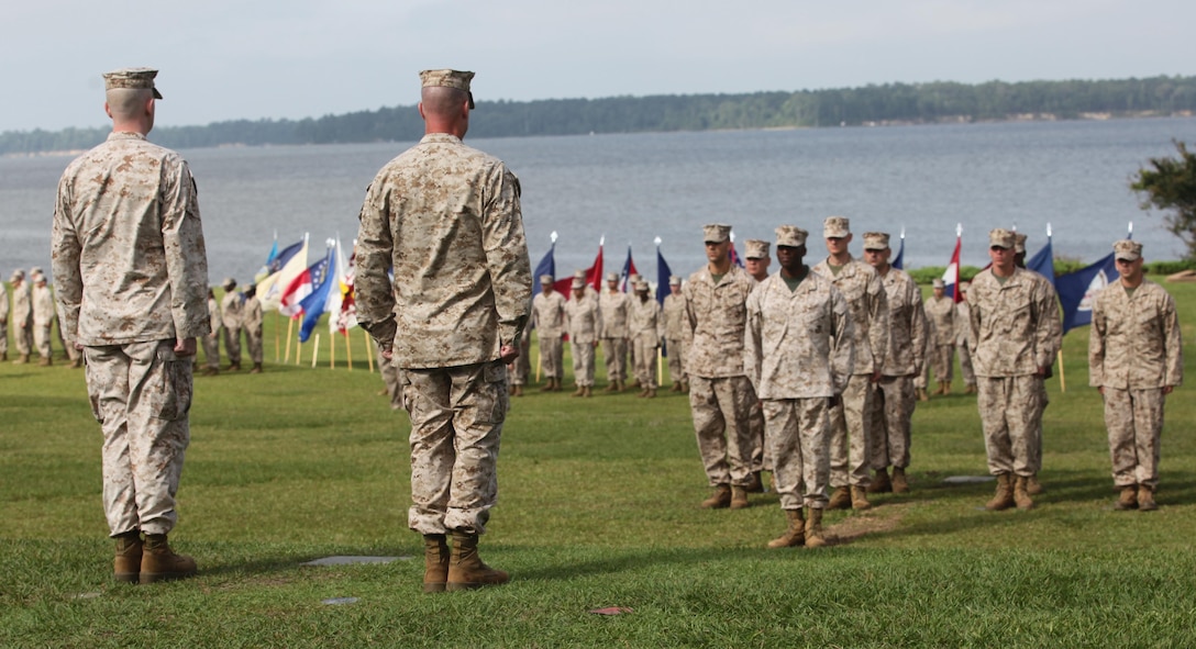 Headquarters and Support Battalion's officers report to  Lt. Col. David G. Bardorf and  Lt. Col. Harry L. Gardner, the battalion's outgoing and incoming comanding officers during the battalion's change of command ceremony aboard Marine Corps Base Camp Lejuene June 21.Bardorf is heading to the Marine Corps War College for a year of training.