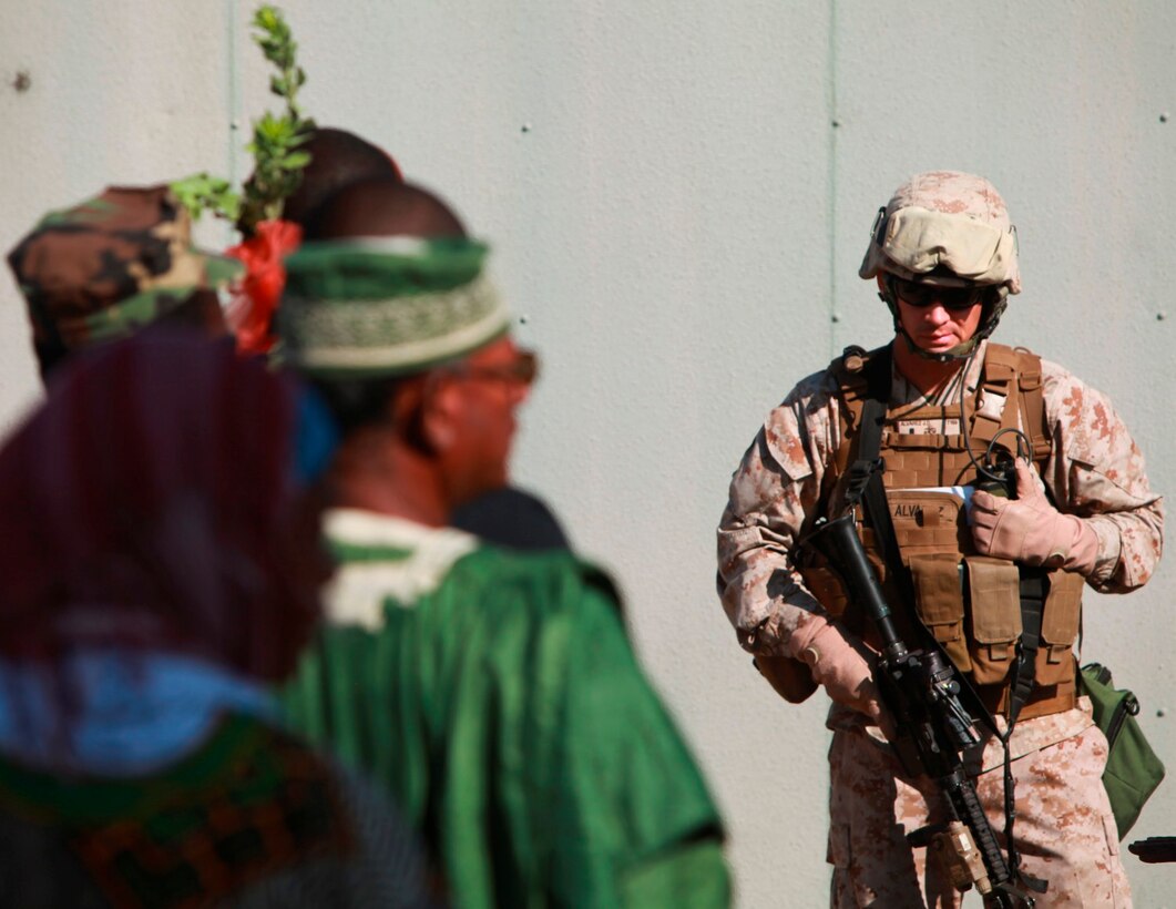 1st Civil Affairs Group conducts civil military integration training at Combat Town Deluz training area with role-players as a part of Dawn Blitz, June 25. Dawn Blitz 2013 is a scenario-driven exercise designed to test Navy and Marine Corps forces at the Marine Expeditionary Brigade (MEB) and Expeditionary Strike Group (ESG) level, while promoting military-to-military cooperation and interoperability with partnered nations.